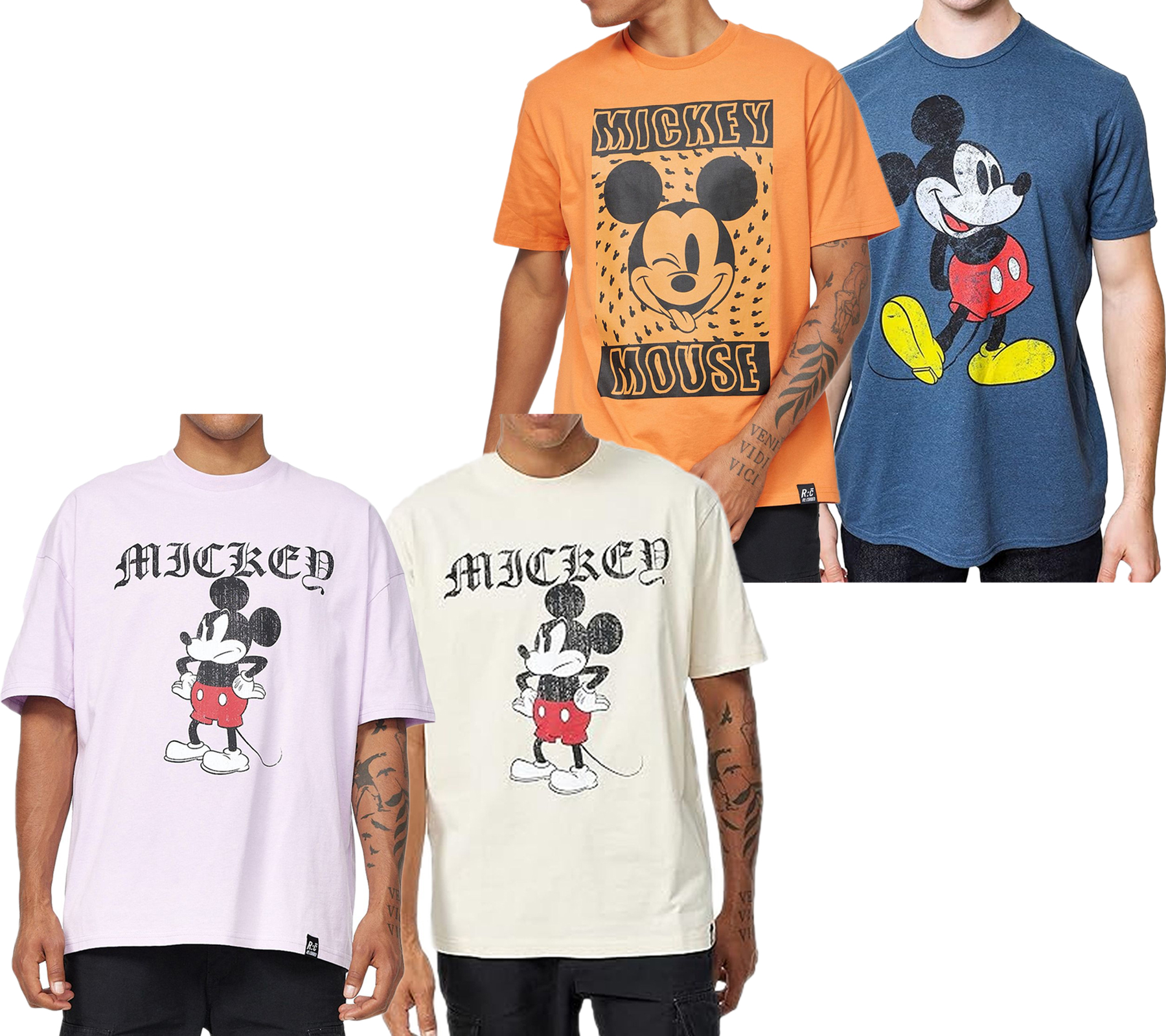 RE:COVERED X Disney Herren T-Shirt mit Grumpy Mickey Mouse Print Baumwoll-Shirt mit großem Schriftzug Rundhals-Shirt Beige, Blau, Violett oder Orange