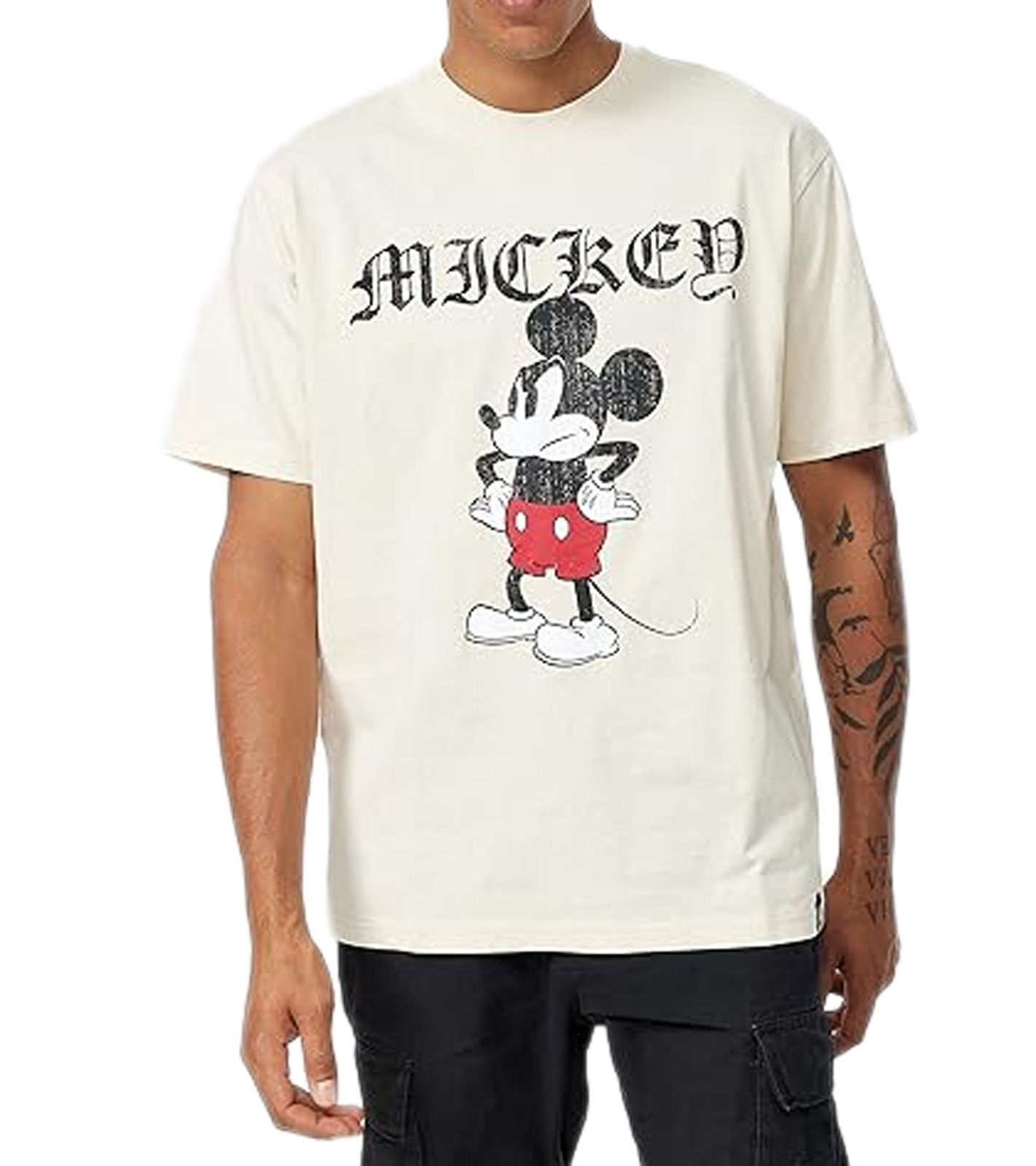 RE:COVERED X Disney Herren T-Shirt mit Grumpy Mickey Mouse Print Baumwoll-Shirt mit großem Schriftzug Rundhals-Shirt MMDIS2690 Beige