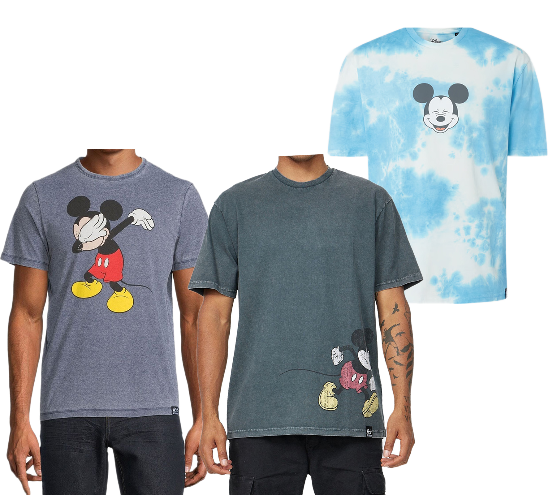 RE:COVERED X Disney Herren T-Shirt mit Mickey Mouse Print Baumwoll-Shirt im Batik Look Rundhals-Shirt Dunkelblau, Blau Batik oder Grau