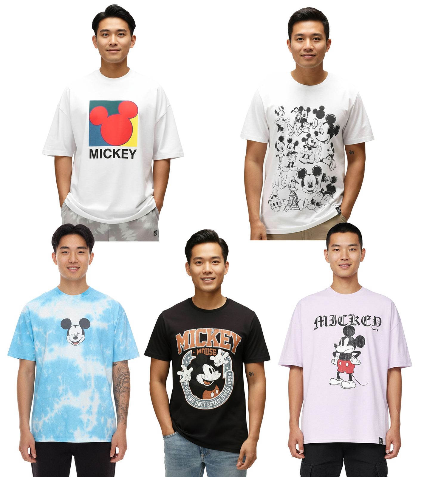 RE:COVERED X Disney Herren T-Shirt mit verschiedenen Styles und Mickey Mouse Prints Baumwoll-Shirt Rundhals in Weiß, Schwarz, Violett, Blau