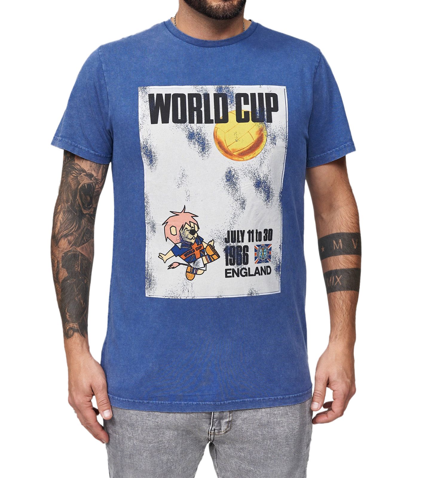 RE:COVERED X FIFA Worldcup 1966 Herren T-Shirt mit großem Poster-Print Baumwoll-Shirt Kurzarm-Shirt PCFFA122 Blau