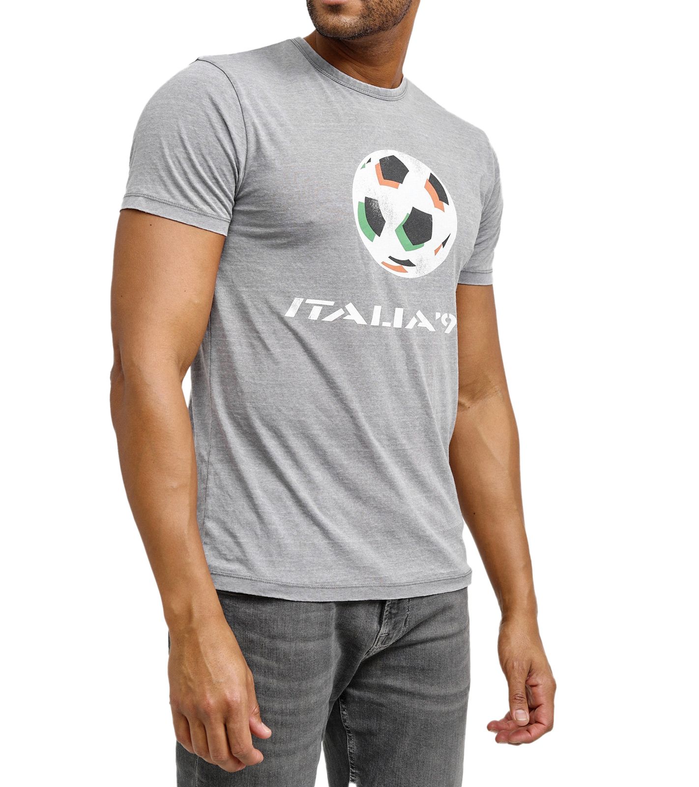 RE:COVERED X FIFA Worldcup 1990 Herren T-Shirt mit großem Ball-Print Baumwoll-Shirt Deutschlands 3. WM-Titel Kurzarm-Shirt PCFFA134 Grau