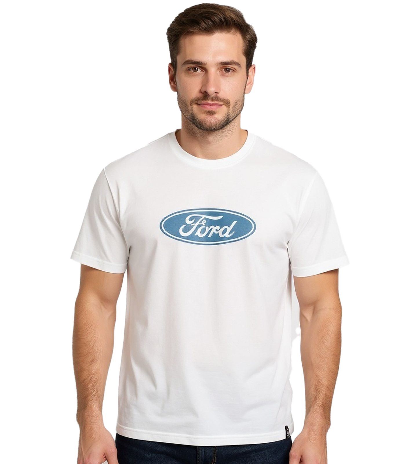 RE:COVERED X FORD Herren T-Shirt mit Ford Torino-Print Baumwoll-Shirt Rundhals-Shirt RCFRD504 Ecru-Weiß