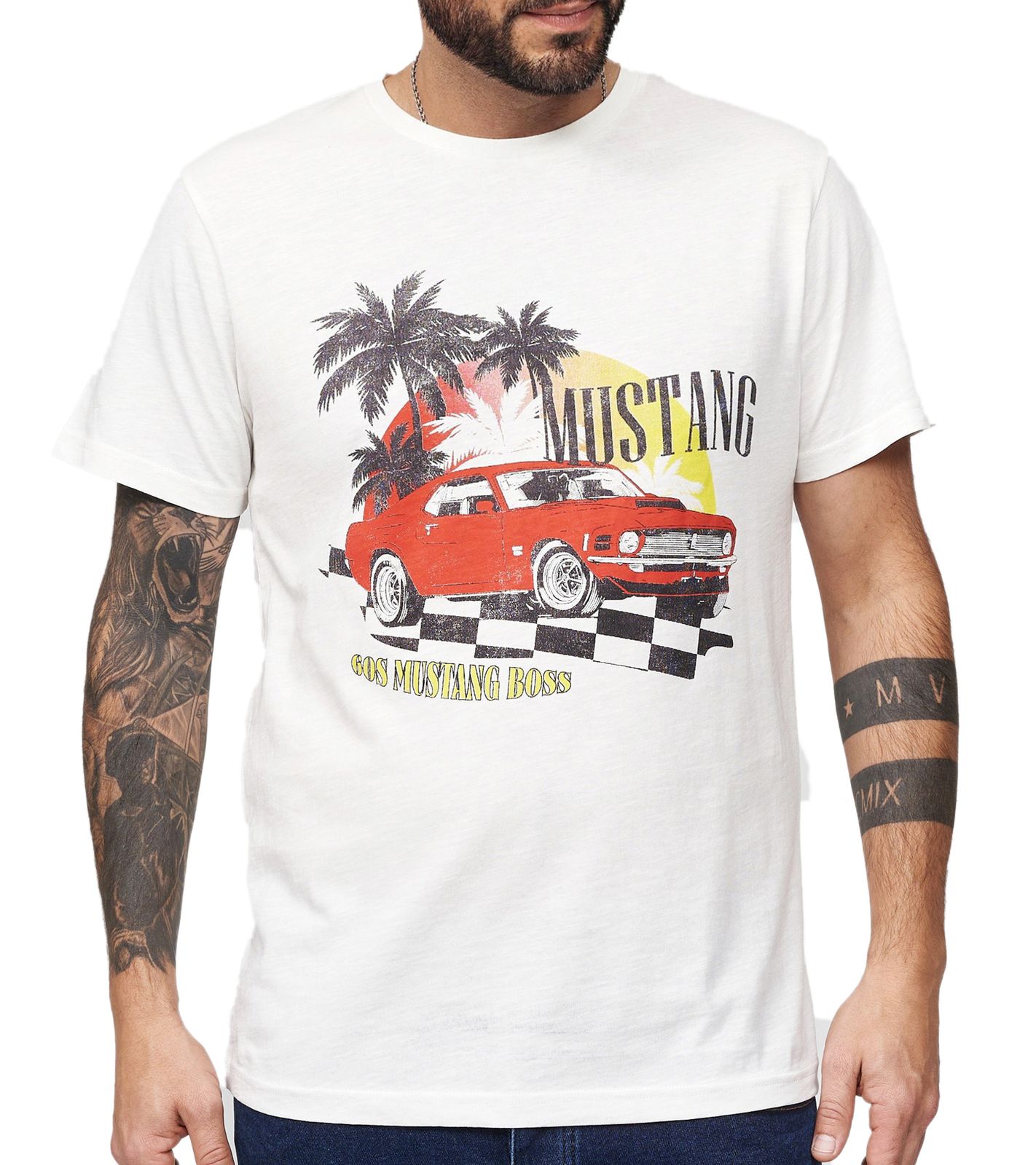 RE:COVERED X FORD Mustang Herren T-Shirt mit Auto-Aufdruck Baumwoll-Shirt Kurzarm-Shirt MMFRD377 Woll-Weiß