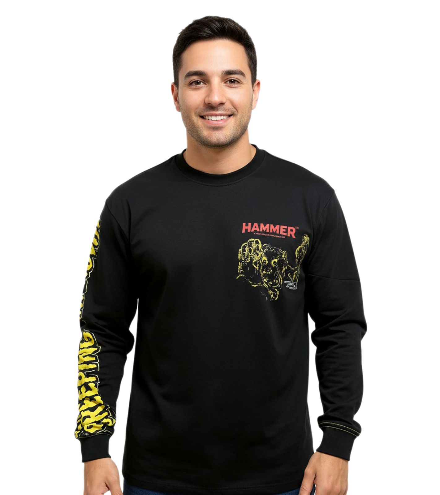 RE:COVERED X Hammer Horror Creeping Unknown Herren Langarm-Shirt mit großem Rücken-Print Baumwoll-Longsleeve Pullover RCSTC110 Schwarz