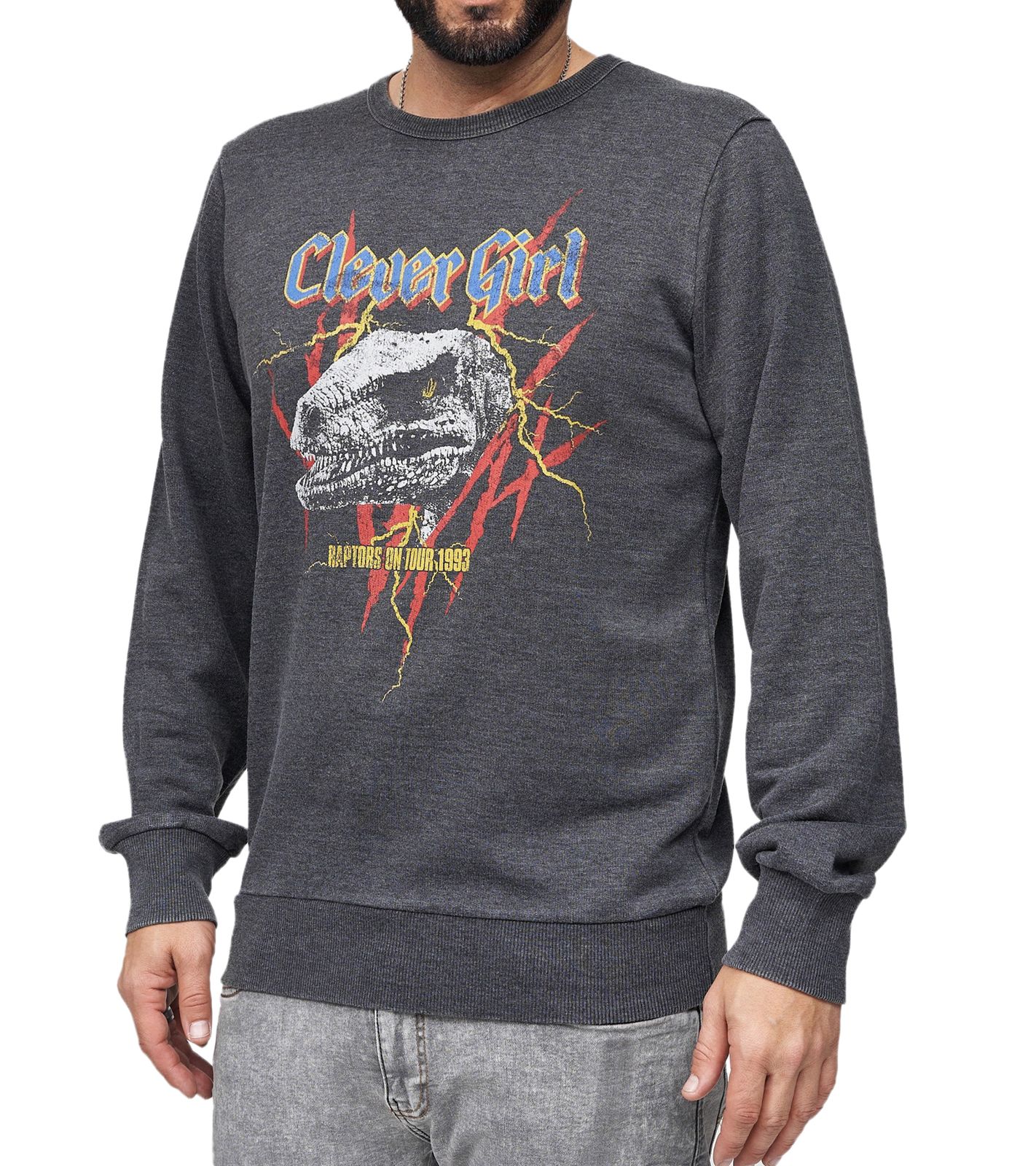 RE:COVERED X Jurassic Park Herren Rundhals-Pullover mit "Raptors on Tour 1993"-Print Langarm-Shirt Sweat-Shirt MMUNV1947 Dunkel-Grau