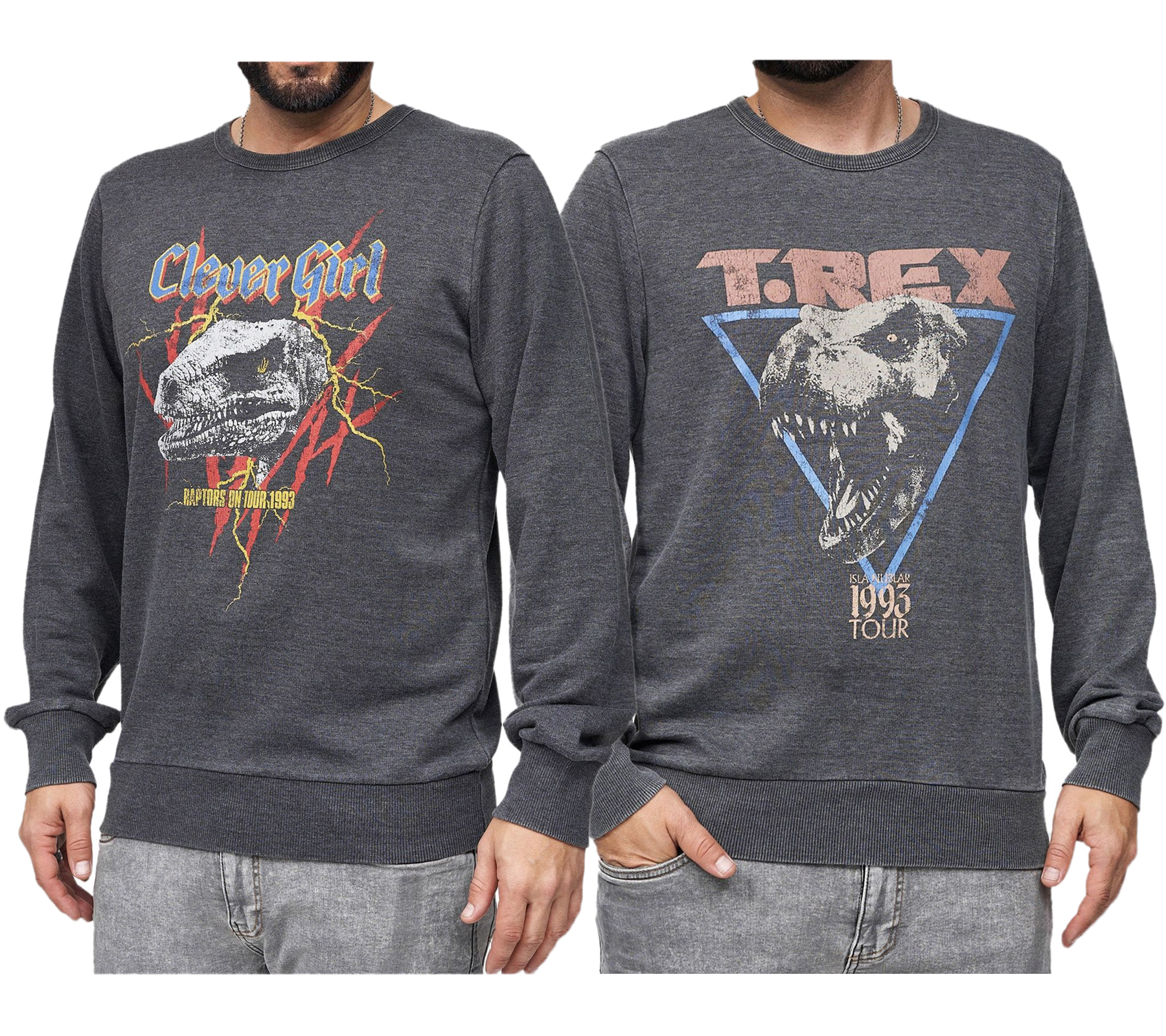 RE:COVERED X Jurassic Park Herren Rundhals-Pullover mit T-Rex 1993 oder Raptors on Tour 1993 Vintage-Print Langarm-Shirt Sweat-Shirt MMUNV1960 Dunkel-Grau