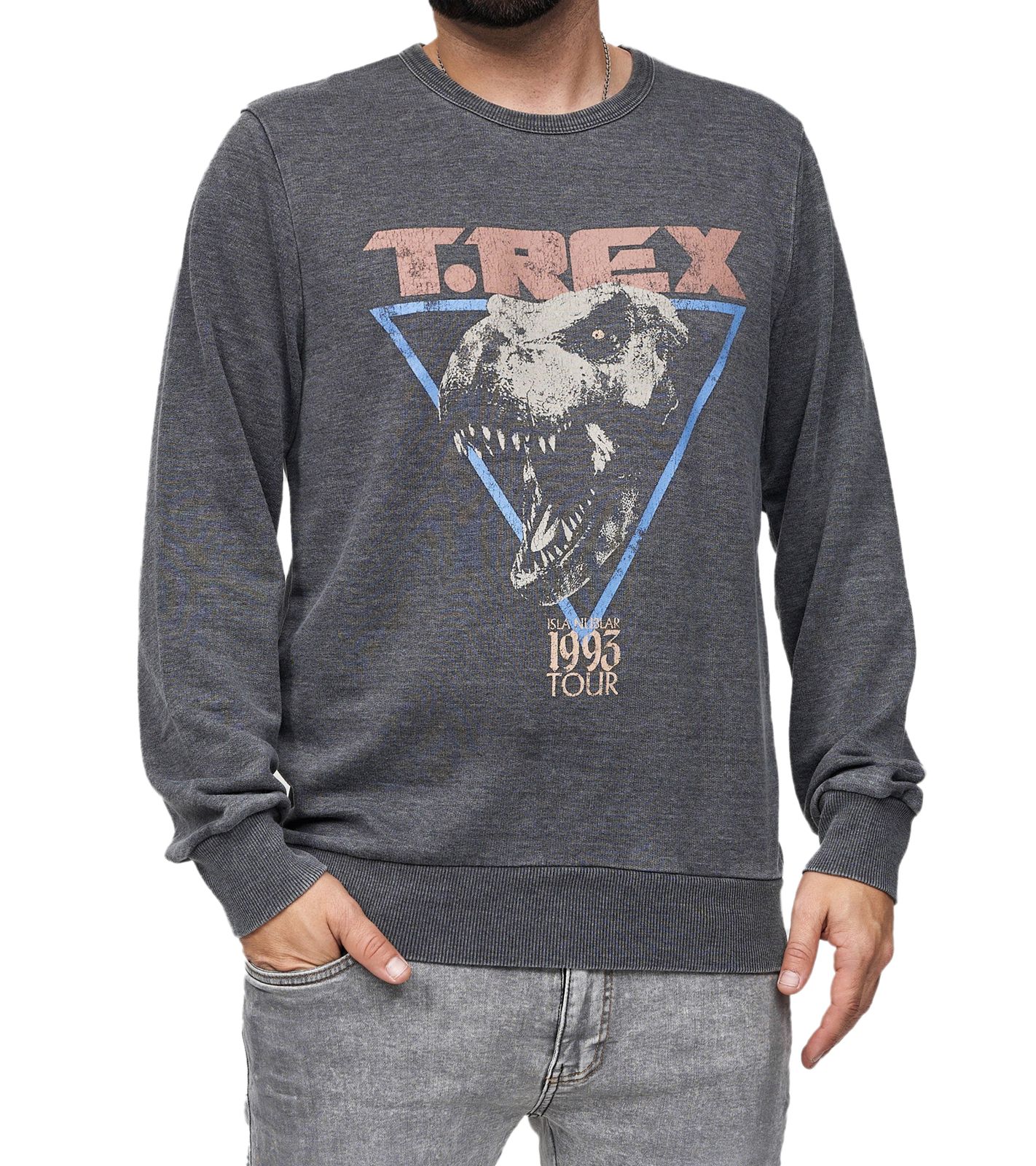 RE:COVERED X Jurassic Park Herren Rundhals-Pullover mit T-Rex 1993 Vintage-Print Langarm-Shirt Sweat-Shirt MMUNV1960 Dunkel-Grau