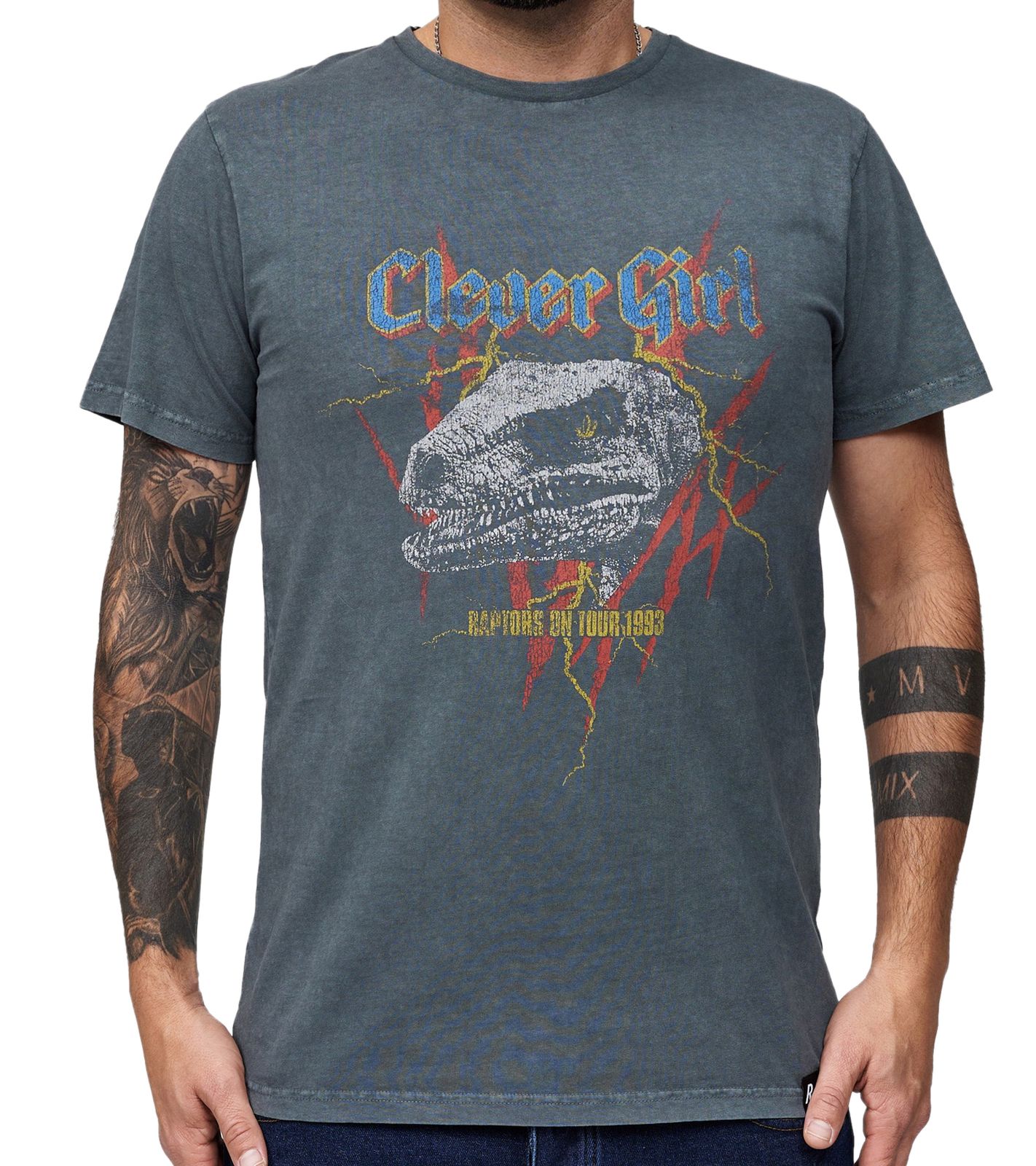 RE:COVERED X Jurassic Park T-Shirt Herren Rundhals-Shirt mit "Raptors on Tour 1993"-Print Baumwoll-Shirt MMUNV1946 Grau
