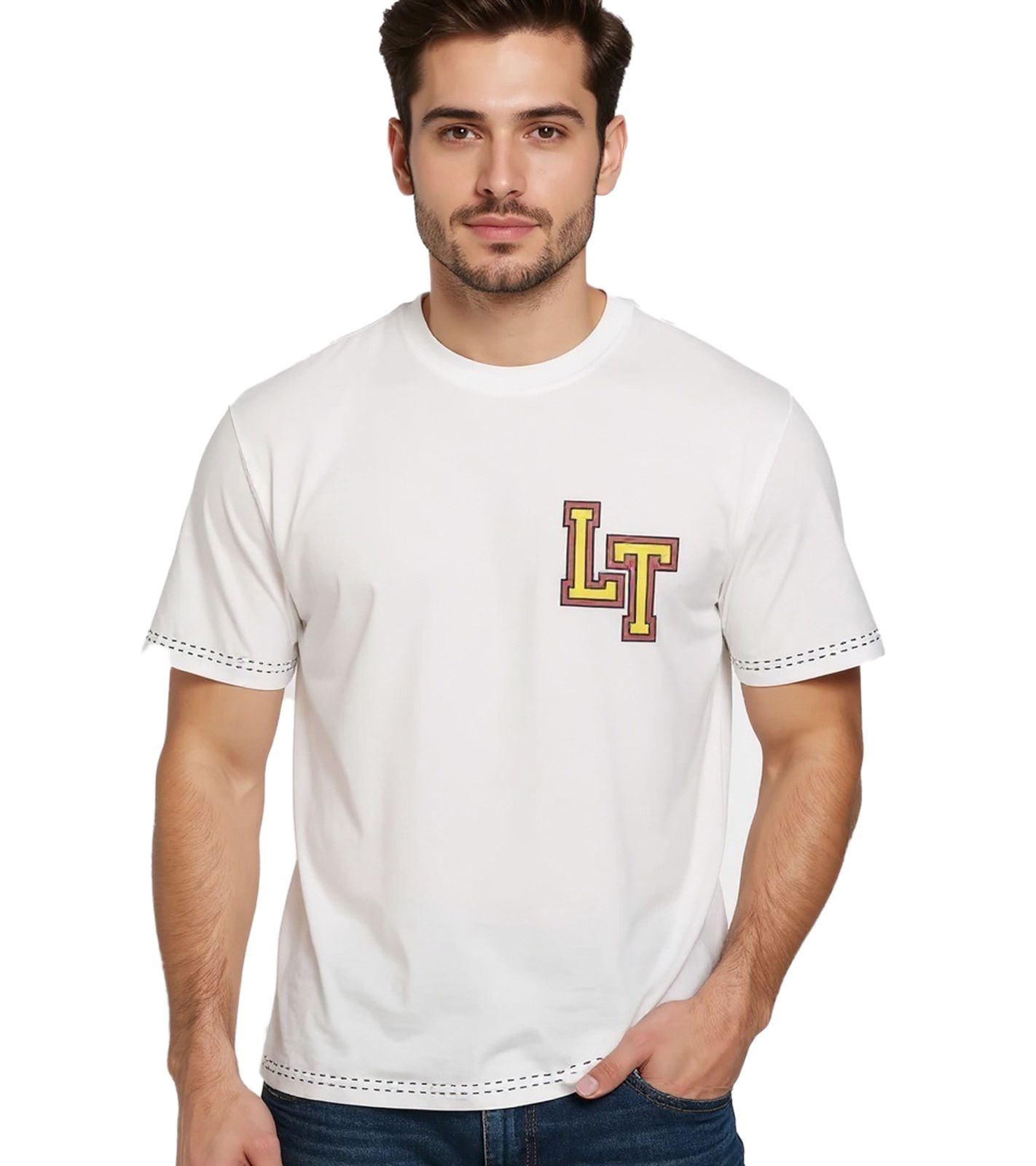 RE:COVERED X LOONEY TUNES Herren T-Shirt mit Basketball-Print Baumwoll-Shirt Rundhals-Shirt RCWARN750 Ecru-Weiß