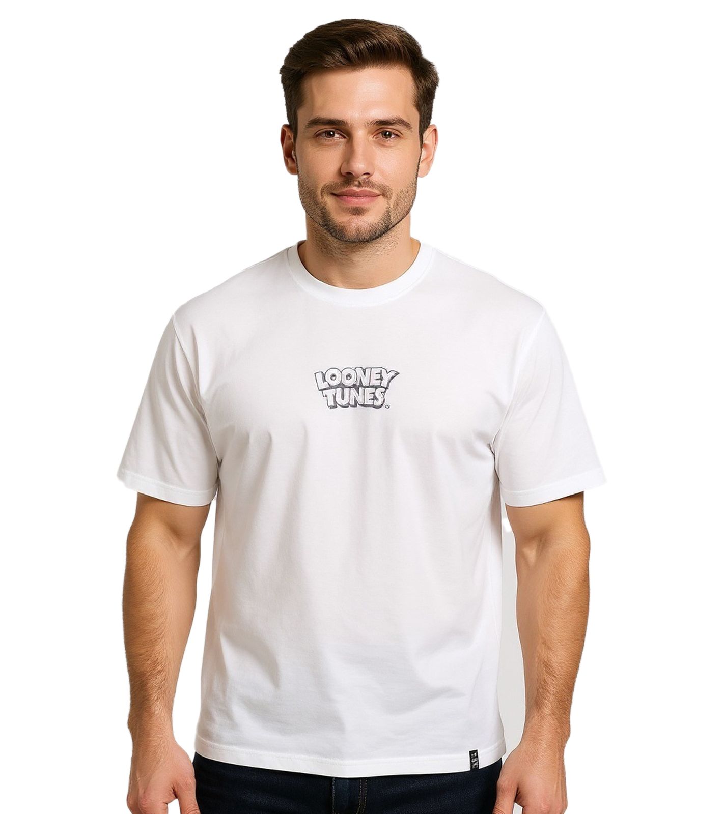 RE:COVERED X LOONEY TUNES Herren T-Shirt mit Print Baumwoll-Shirt Rundhals-Shirt RCWARN548 Weiß
