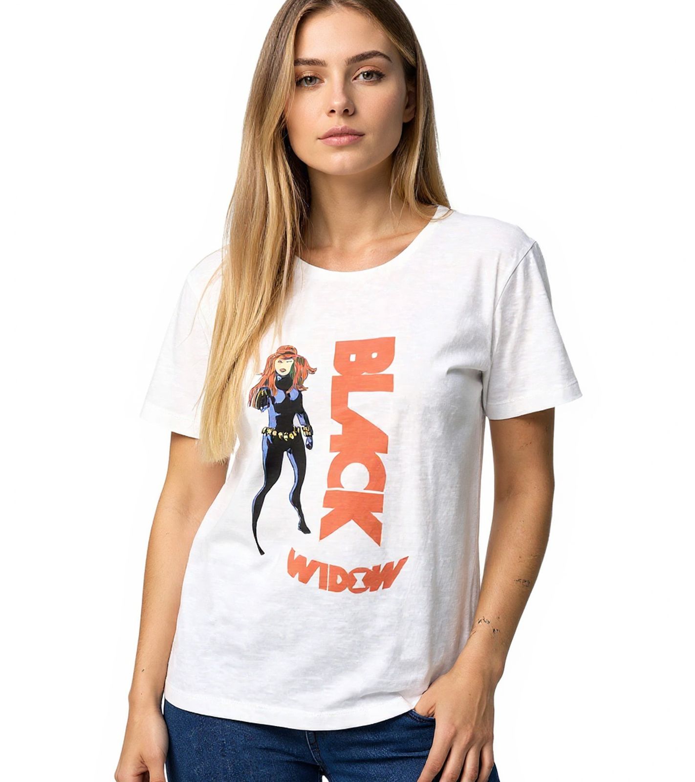 RE:COVERED X MARVEL Damen T-Shirt mit "Black Widow"-Print Baumwoll-Shirt Kurzarm-Shirt MMMARV1122 Ecru-Weiß