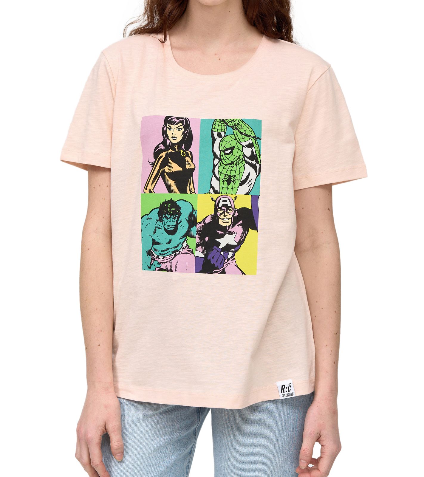 RE:COVERED X MARVEL Damen T-Shirt mit "Pop Art Portrait"-Print Baumwoll-Shirt Kurzarm-Shirt MMMARV1125 Rosa