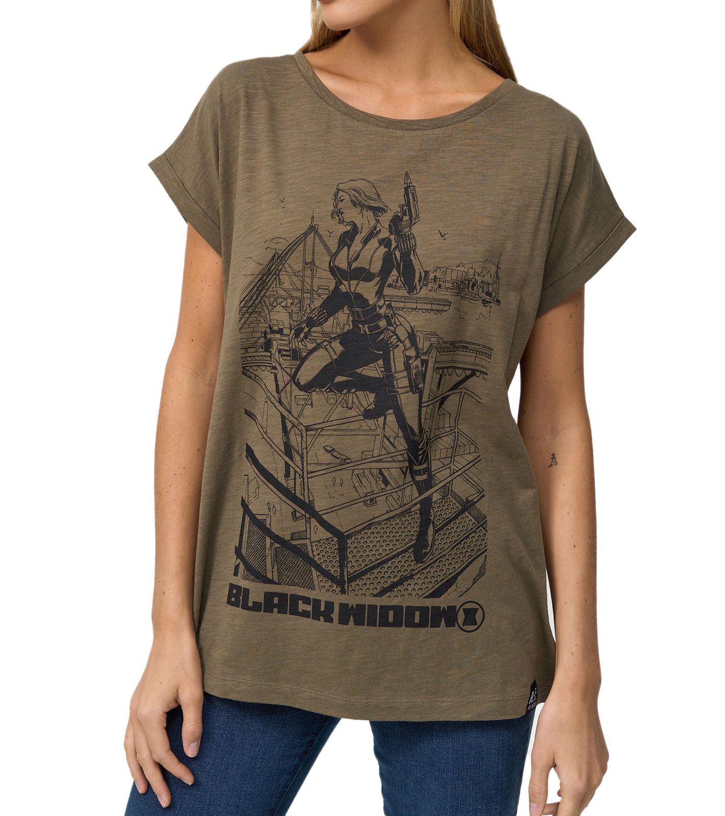 RE:COVERED X MARVEL Damen T-Shirt mit Black Widow Aufdruck Baumwoll-Shirt Kurzarm-Shirt MMMARV1121 Khaki