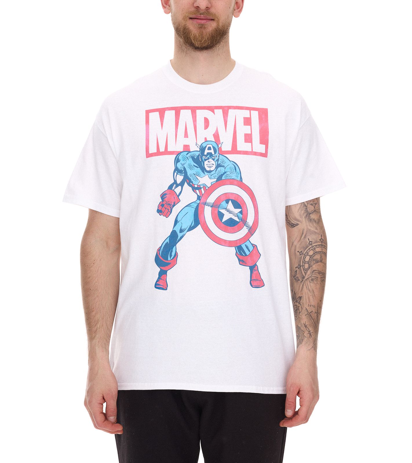 RE:COVERED X MARVEL Herren T-Shirt mit MARVEL & Captain America Figur Aufdruck Baumwoll-Shirt Kurzarm-Shirt IFMMMARV1104 Weiß