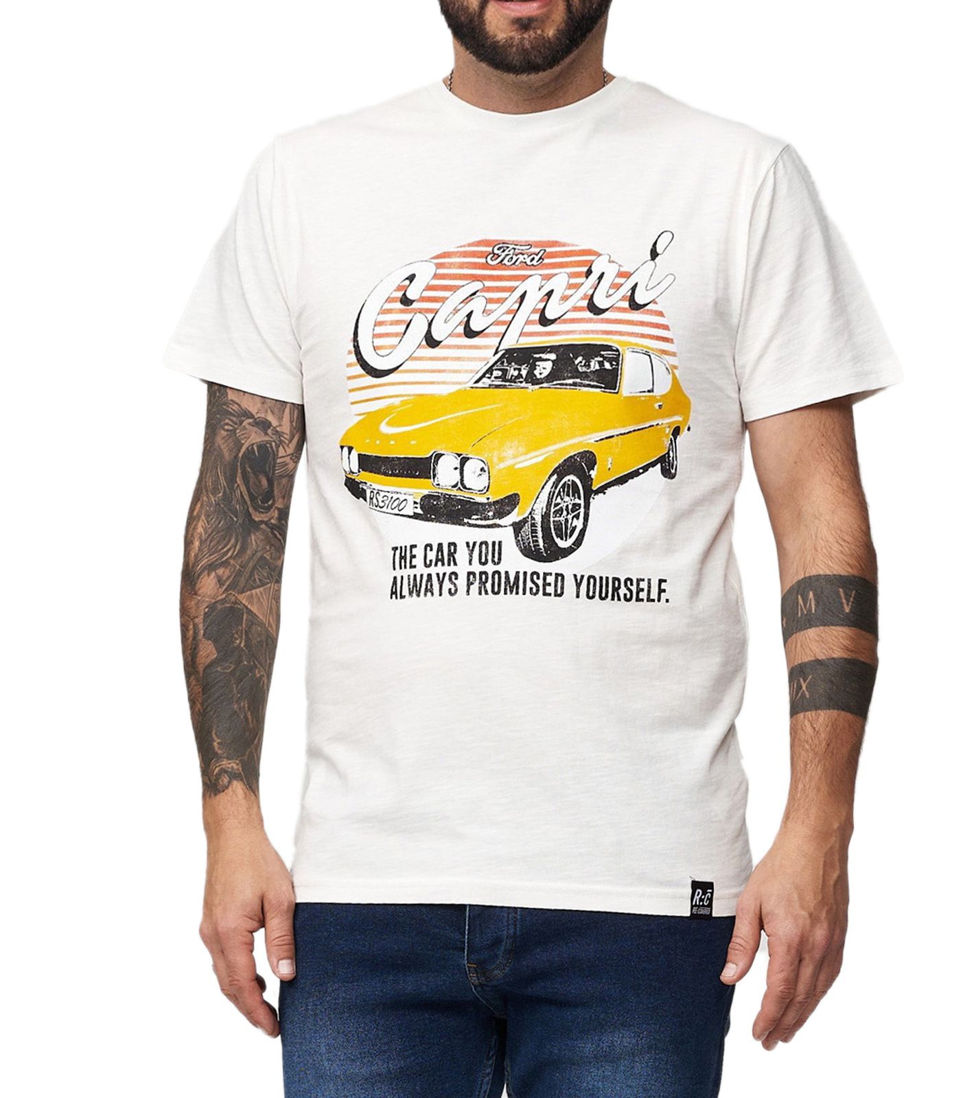 RE:COVERED X MUSTANG Herren T-Shirt mit Ford MUSTANG-Print Baumwoll-Shirt Rundhals-Shirt MMFRD386 Ecru-Weiß