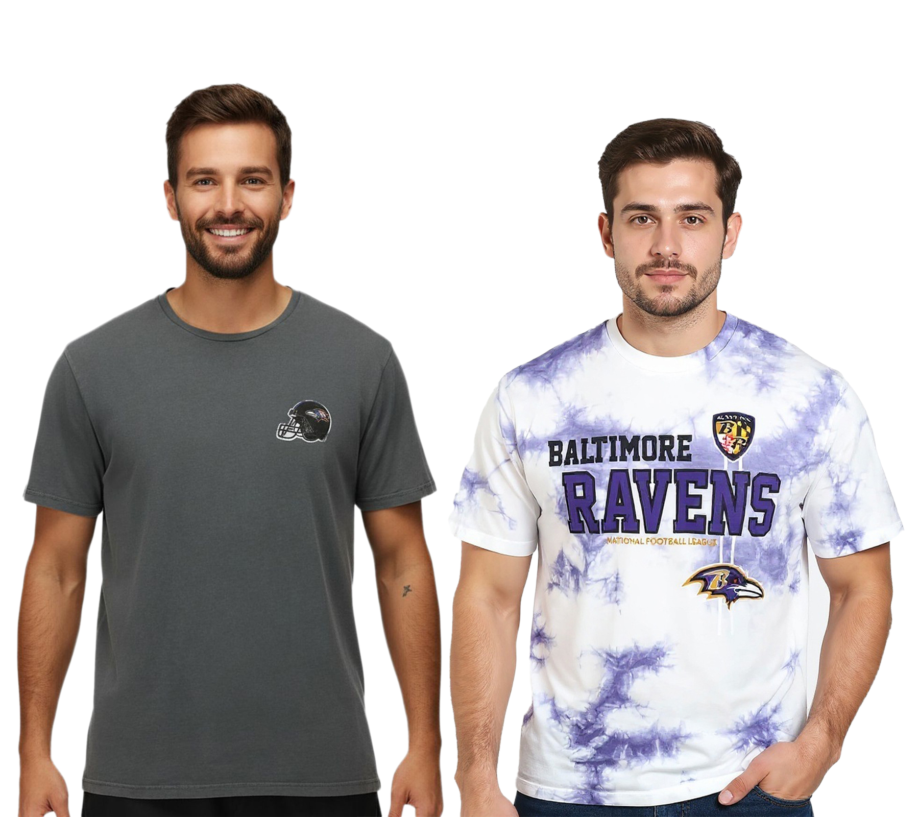 RE:COVERED X NFL Baltimore Ravens Herren T-Shirt mit Football-Helm Baumwoll-Shirt Rundhals-Shirt RCNFL13 Grau Uni-Farben oder Lila/Weiß Batik-Muster