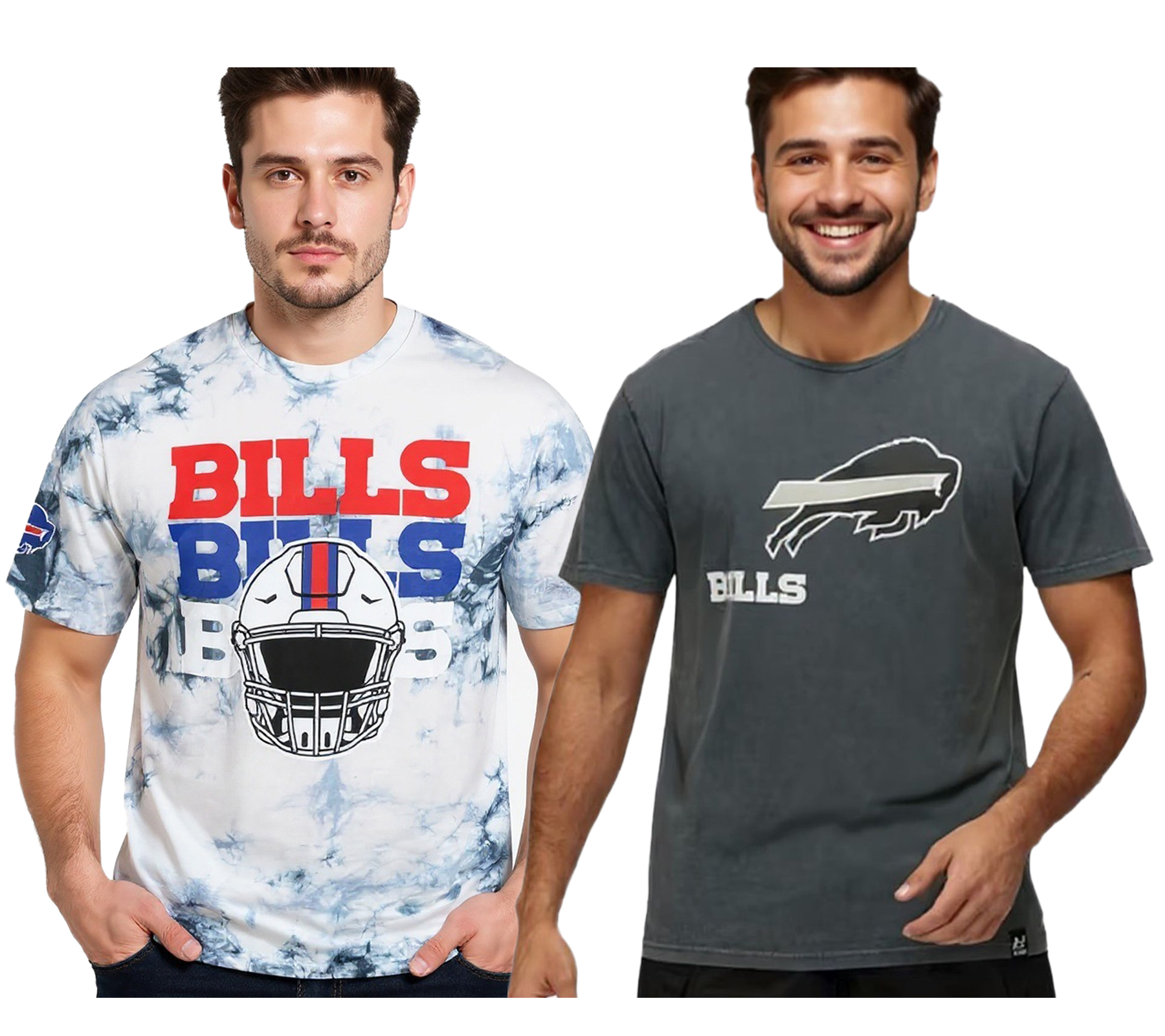 RE:COVERED X NFL Herren T-Shirt Buffalo Bills Logo-Schriftzug Print Baumwoll-Shirt Rundhals-Shirt in Grau oder Batik Blau/Weiß