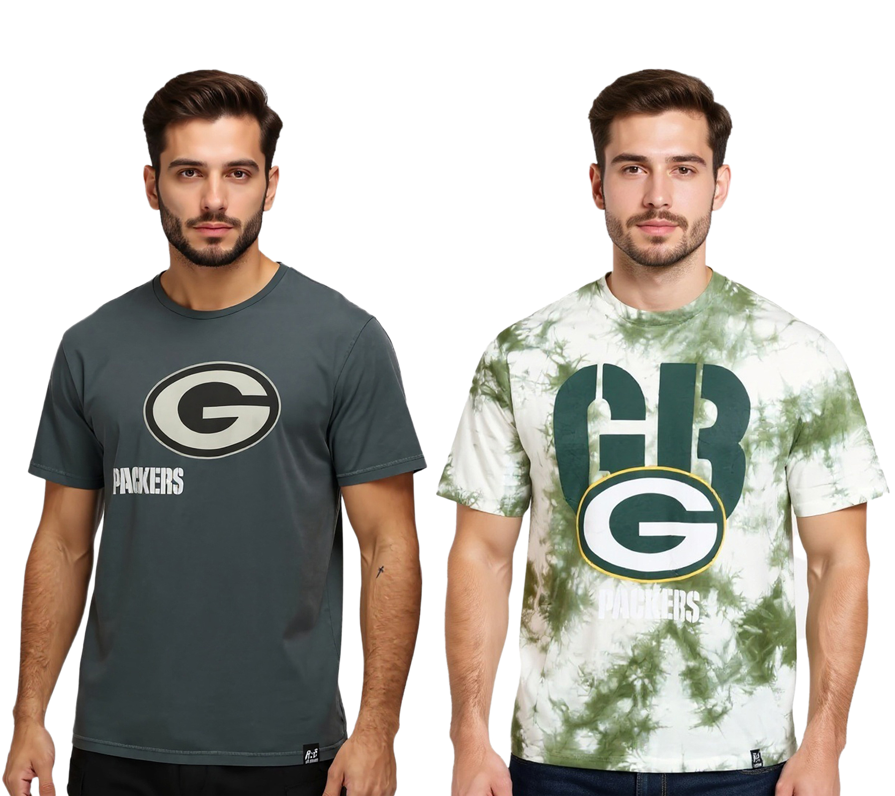 RE:COVERED X NFL Herren T-Shirt Green Bay Packers Logo-Print Baumwoll-Shirt Rundhals-Shirt in Grau oder Batik Grün/weiß
