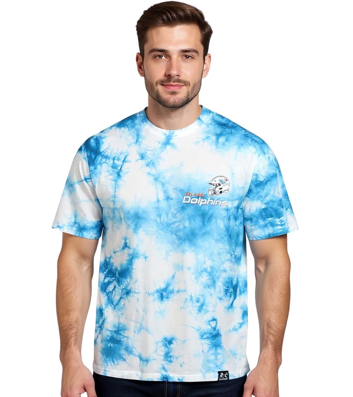 RE:COVERED X NFL Herren T-Shirt mit Miami Dolphins Print Baumwoll-Shirt Rundhals-Shirt RCNFL1388 Blau/Weiß