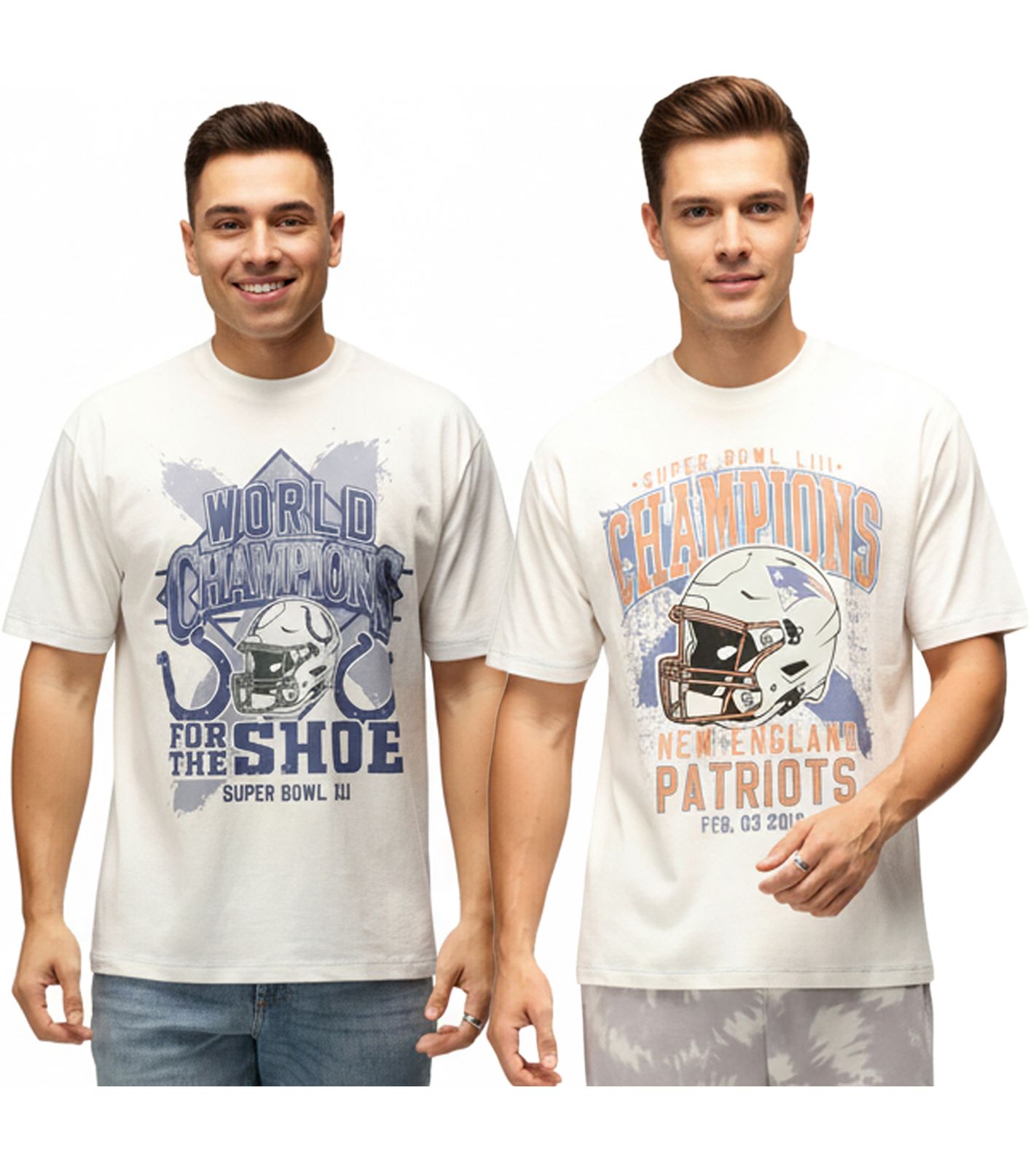 RE:COVERED X NFL Herren T-Shirt mit World Champions-Print Baumwoll-Shirt New England Patriots oder Indianapolis Colts Ecru-Weiß