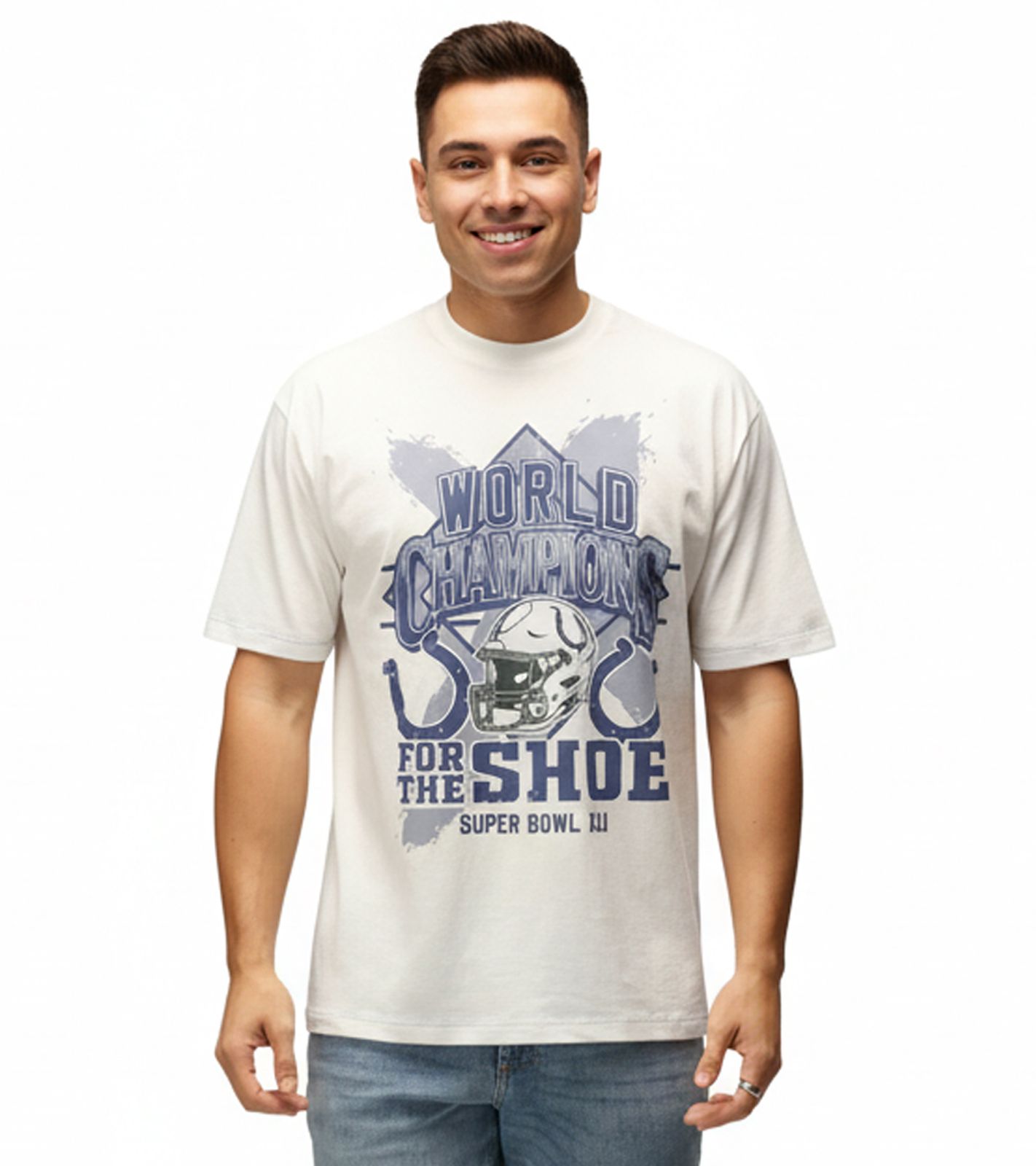 RE:COVERED X NFL Indianapolis Colts Herren T-Shirt mit World Champions-Print Baumwoll-Shirt RCNFL1560 Ecru-Weiß
