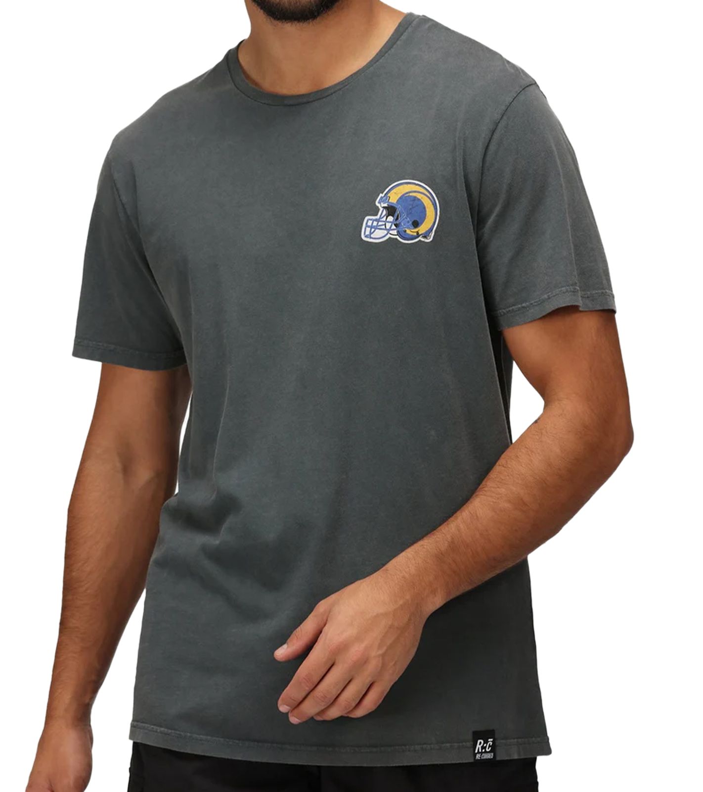 RE:COVERED X NFL Los Angeles Rams Herren T-Shirt mit Football-Helm Baumwoll-Shirt Rundhals-Shirt RCNFL1315H Grau