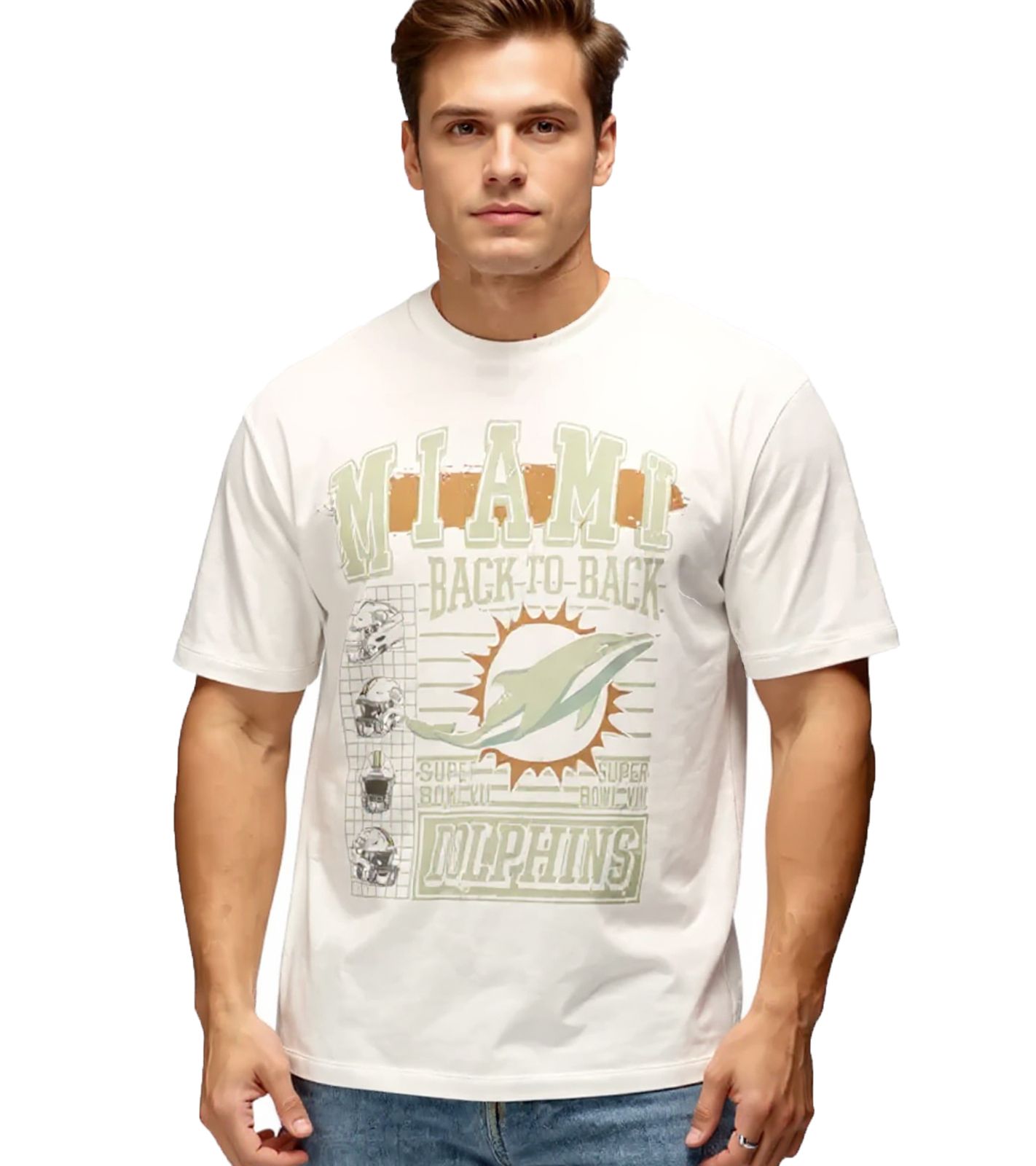 RE:COVERED X NFL Miami Dolphins Herren T-Shirt mit großem Front-Print Baumwoll-Shirt RCNFL1558 Ecru-Weiß