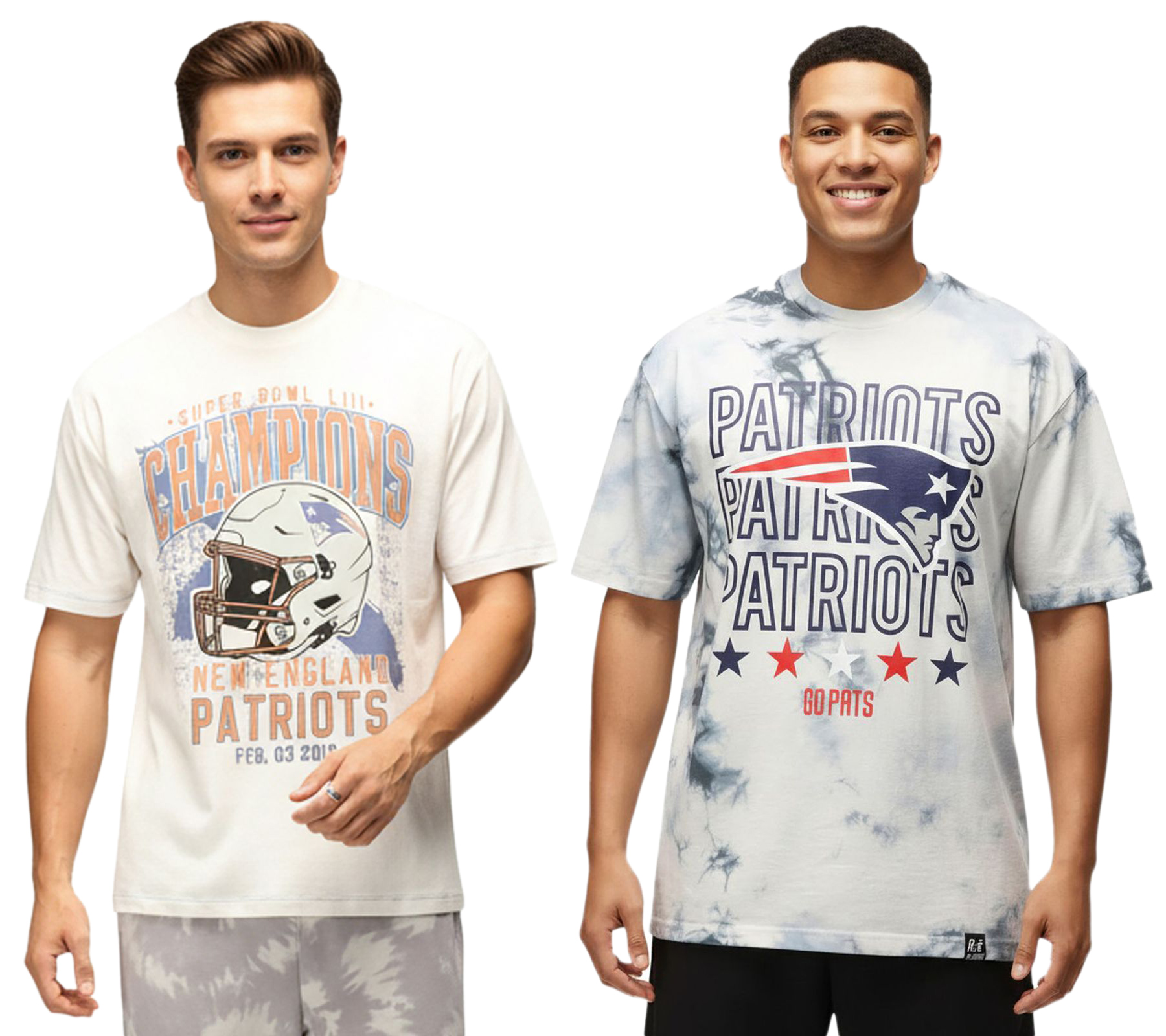 RE:COVERED X NFL New England Patriots Herren T-Shirt Baumwoll-Shirt in Ecru-Weiß oder Batik-Blau