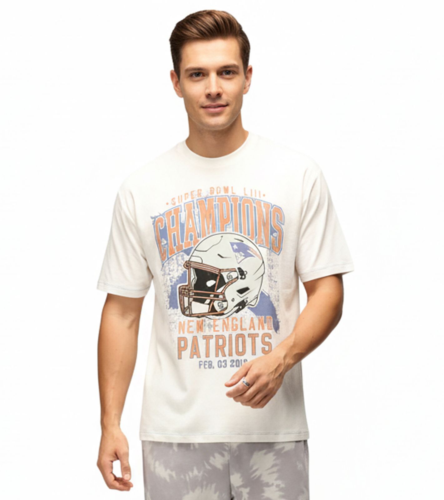 RE:COVERED X NFL New England Patriots Herren T-Shirt mit World Champions-Print Baumwoll-Shirt RCNFL1561 Ecru-Weiß