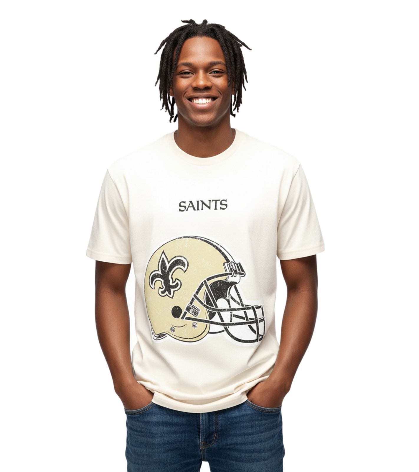 RE:COVERED X NFL New Orleans Saints Herren T-Shirt mit Logo-Schriftzug Baumwoll-Shirt Rundhals-Shirt MMNFL1194 Beige
