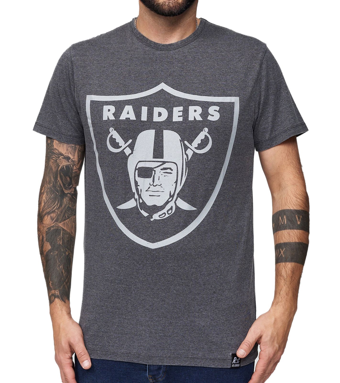 RE:COVERED X NFL OAKLAND RAIDERS Herren T-Shirt mit großem Logo Shirt Rundhals-Shirt PCNFL717 Grau
