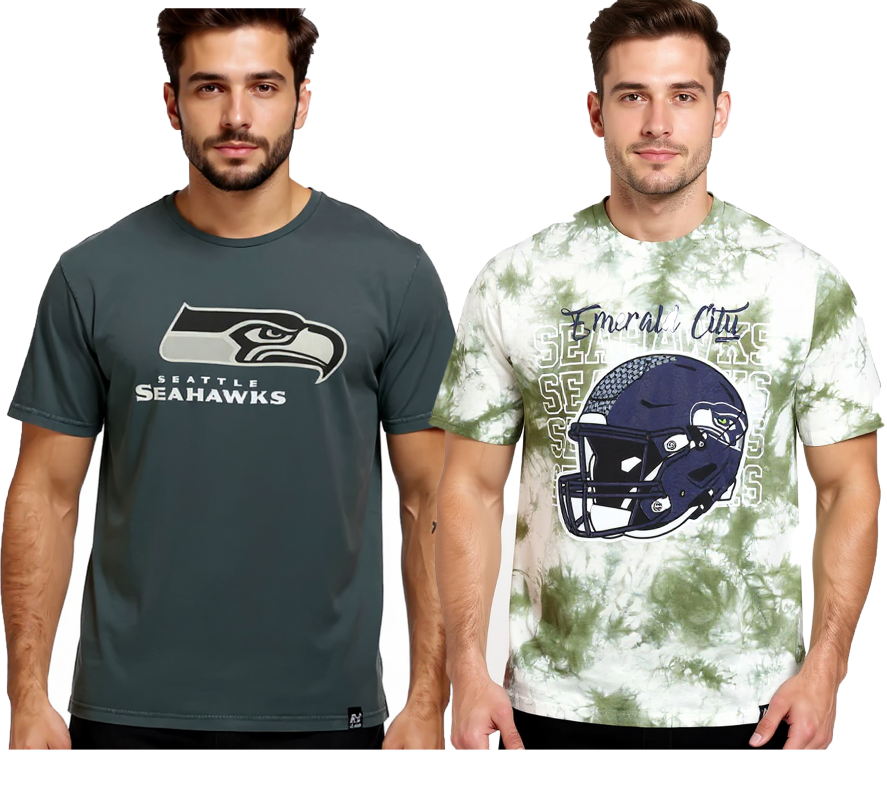 RE:COVERED X NFL Seattle Seahawks Herren T-Shirt mit Logo-Print Baumwoll-Shirt Rundhals-Shirt Grau oder Grün-Batik