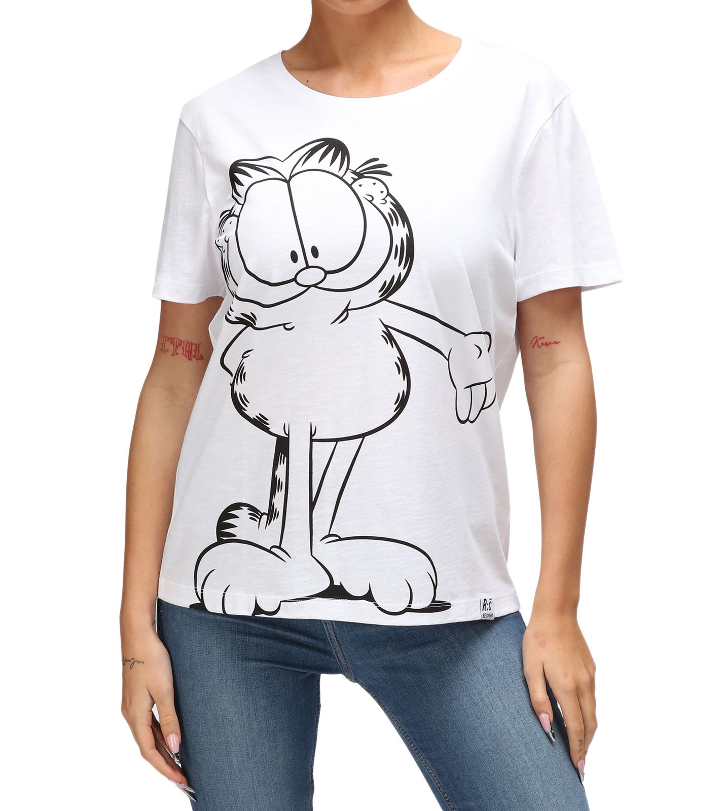 RE:COVERED X nickelodeon Damen T-Shirt mit Garfield-Print Baumwoll-Shirt Rundhals-Shirt RCVCM5958 Weiß