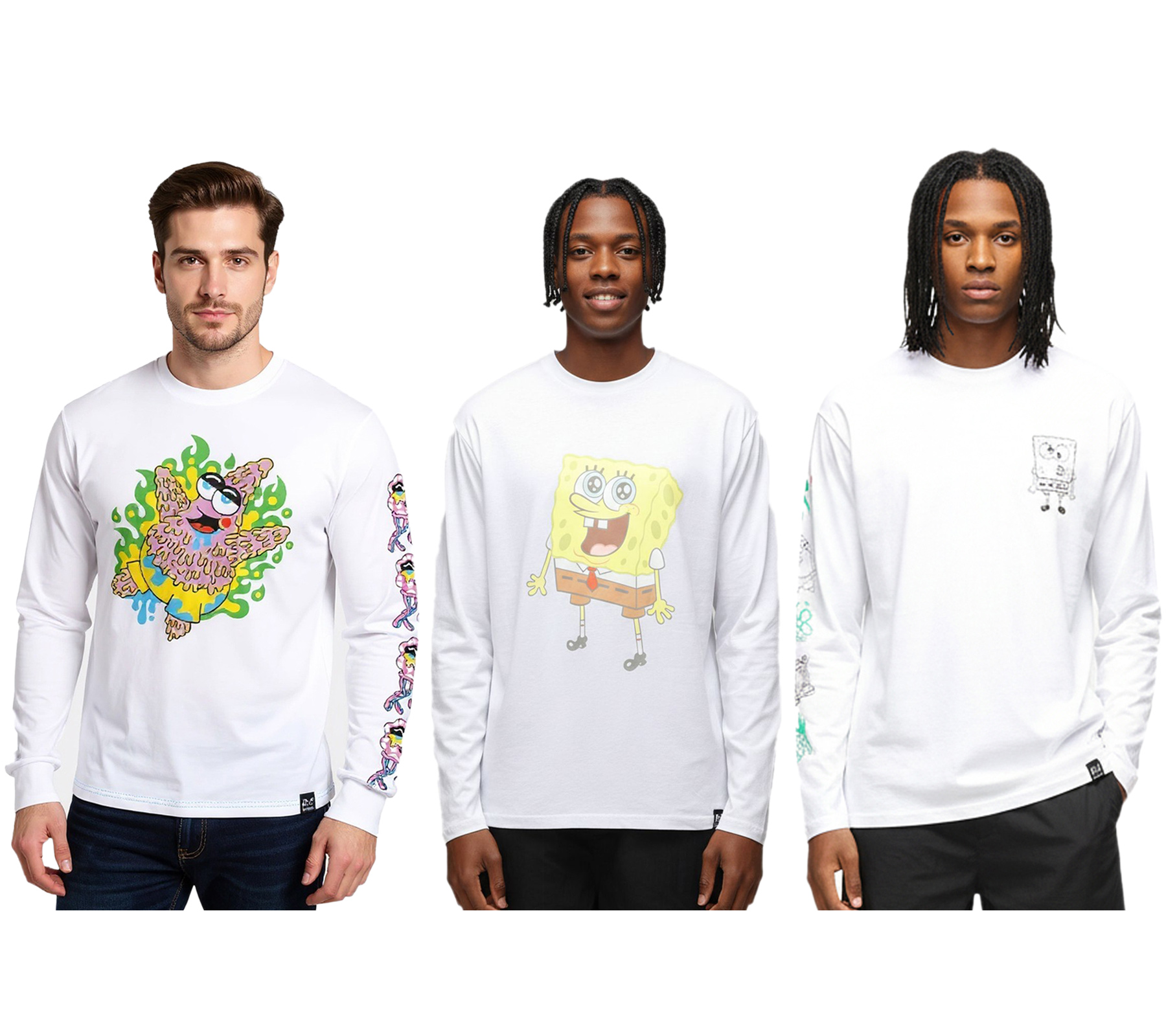RE:COVERED X nickelodeon Herren Langarm-Shirt mit verschiedenen Prints SpongeBob Schwammkopf Baumwoll-Pullover Rundhals-Shirt in Weiß