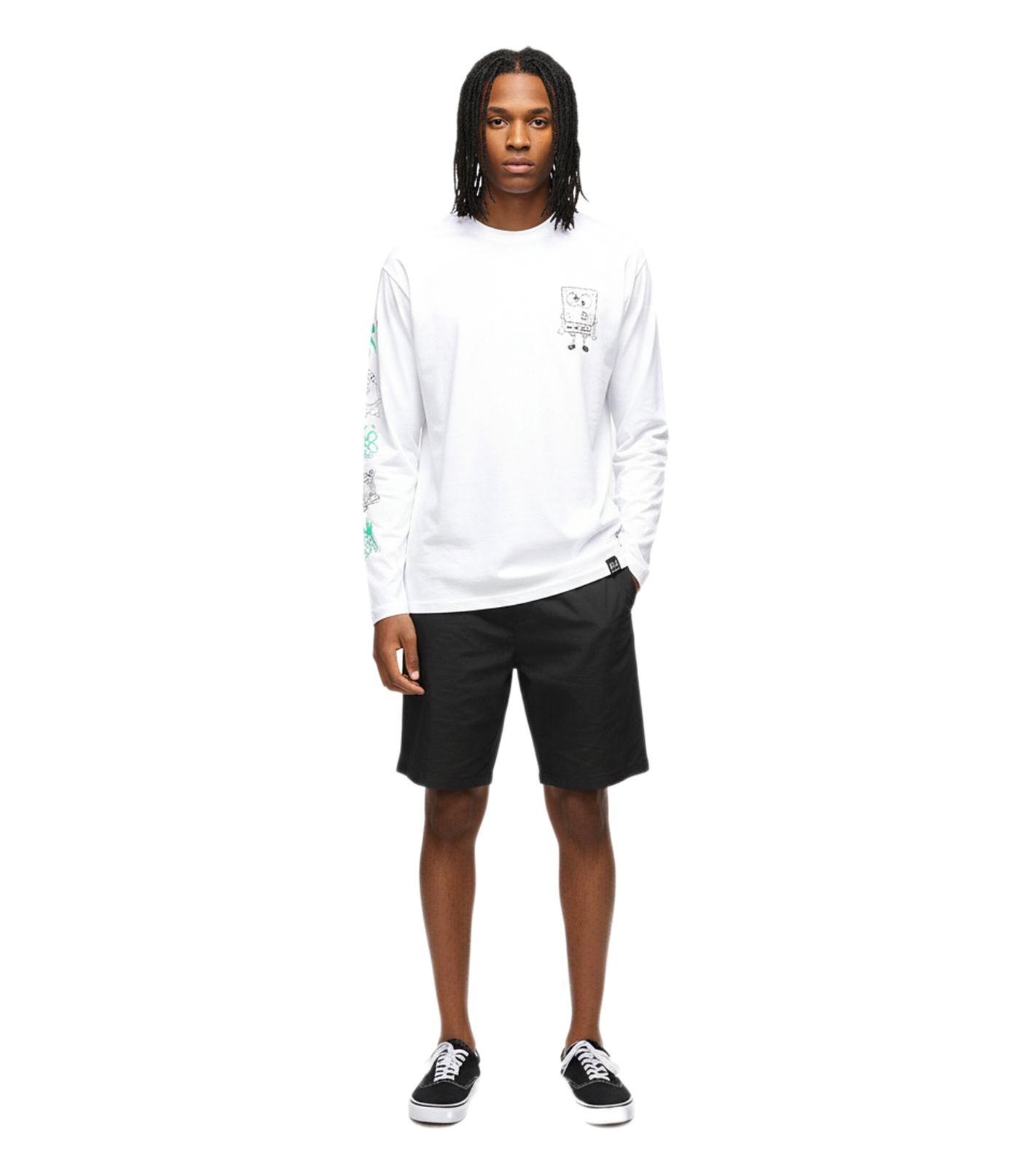RE:COVERED X nickelodeon Herren Langarm-Shirt SpongeBob Schwammkopf Design Baumwoll-Pullover Rundhals-Shirt MMVCM199 Weiß