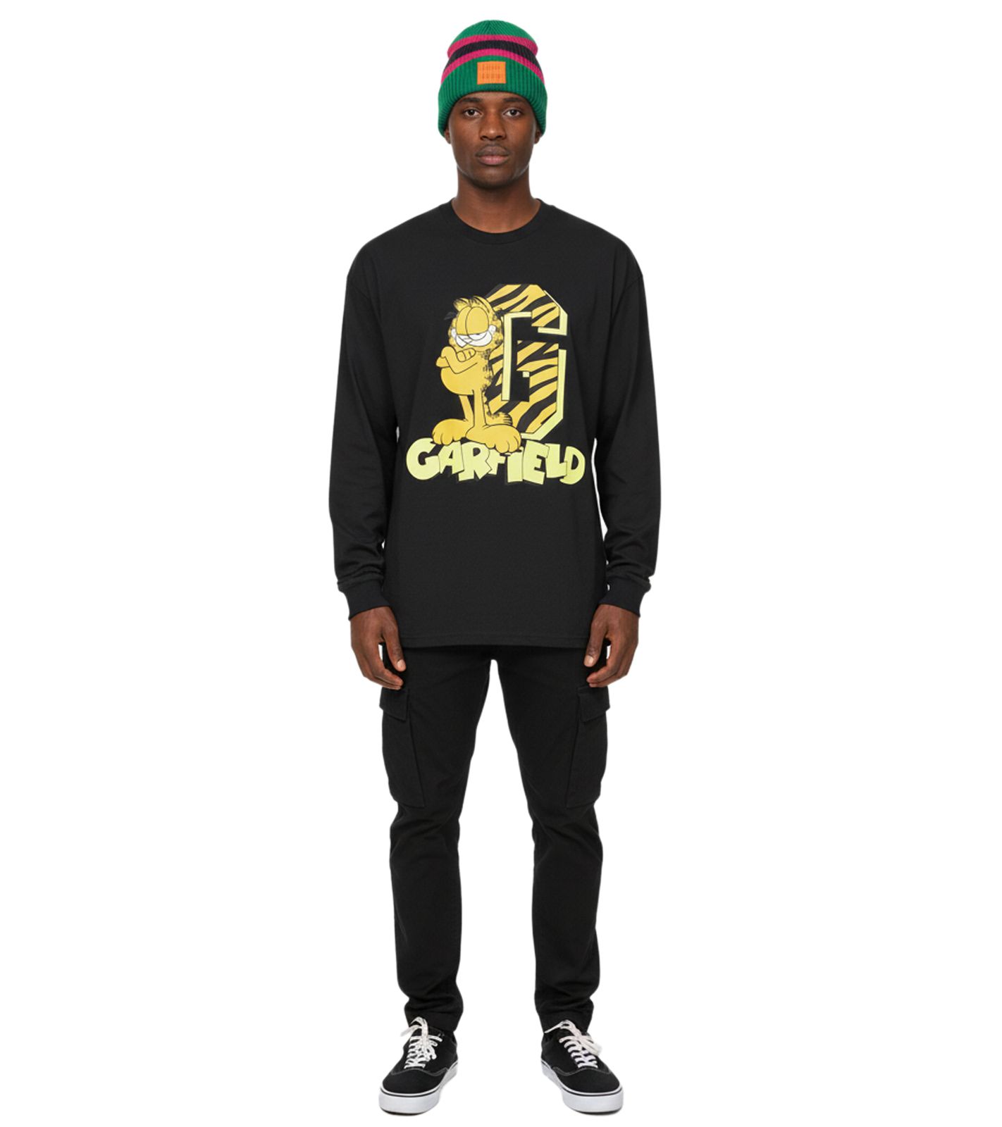 RE:COVERED X nickelodeon Herren Rundhals-Shirt mit Garfield-Druck Baumwoll-Longsleeve MMNICK323 Schwarz