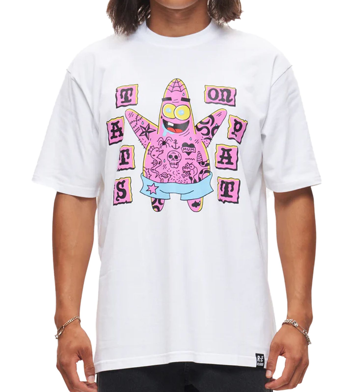 RE:COVERED X nickelodeon Herren T-Shirt SpongeBob Schwammkopf Baumwoll-Shirt Rundhals-Shirt RCVCM683 Weiß