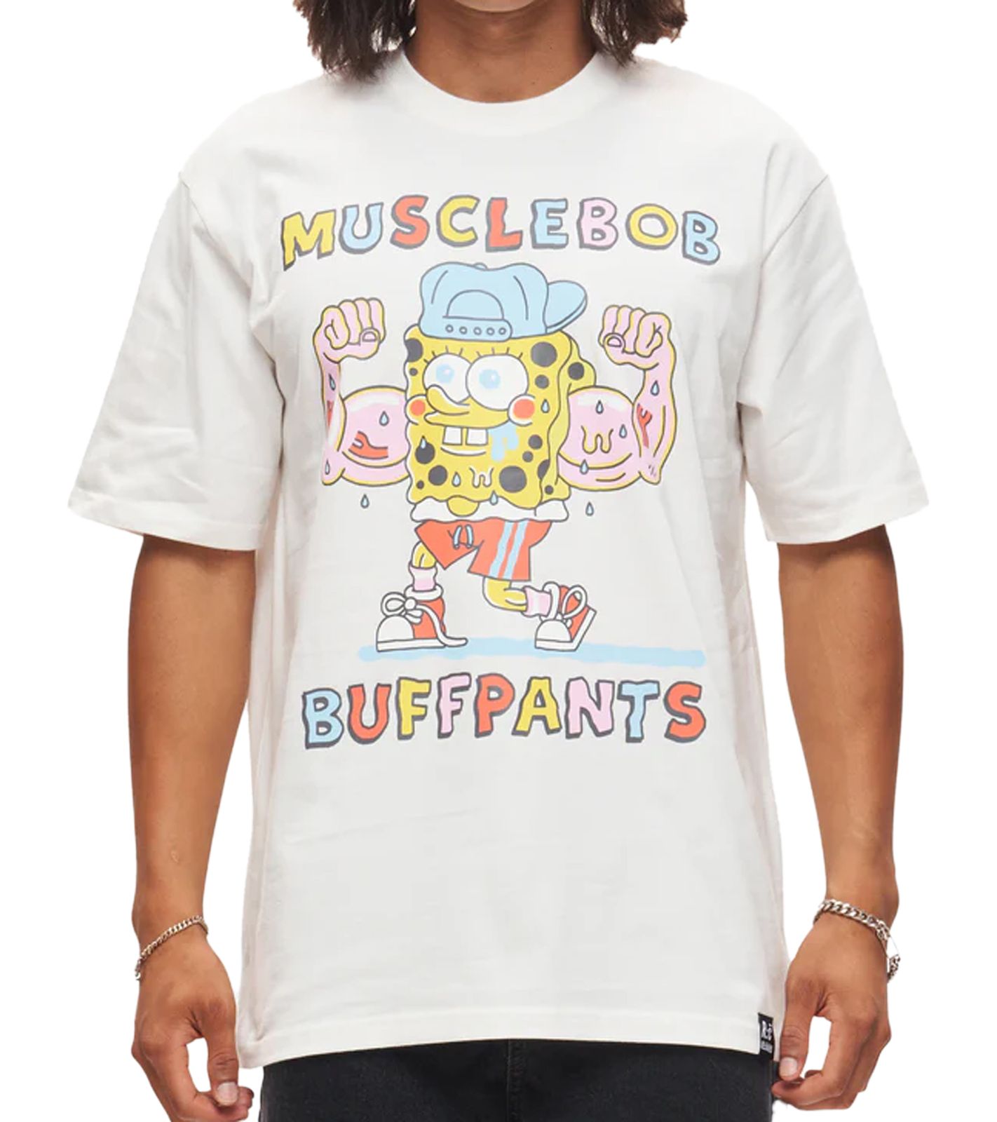 RE:COVERED X nickelodeon Herren T-Shirt SpongeBob Schwammkopf Baumwoll-Shirt Rundhals-Shirt RCVCM684 Ecru-Weiß