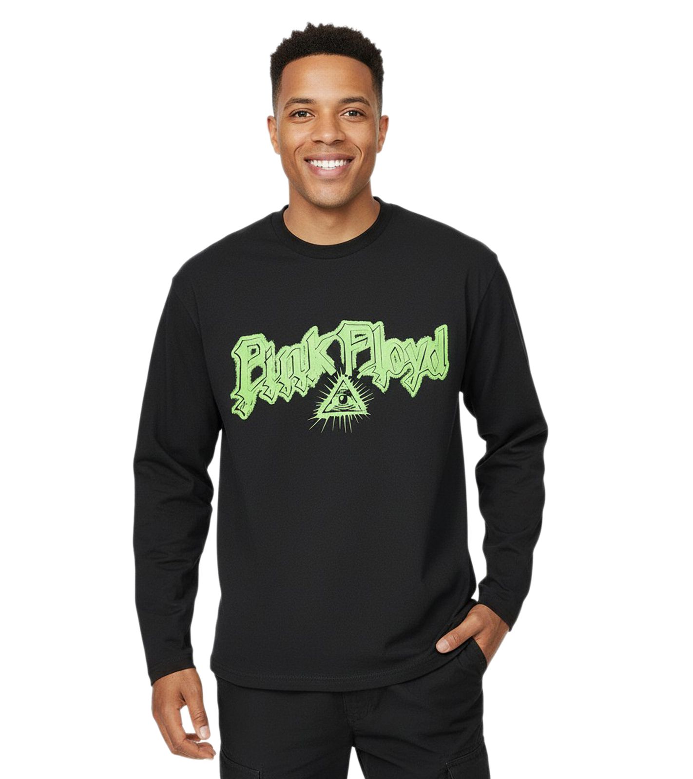 RE:COVERED X Pink Floyd Herren Langarm-Shirt mit Vibrant Green Logo-Print Baumwoll-Longsleeve Pullover MMPER774 Schwarz