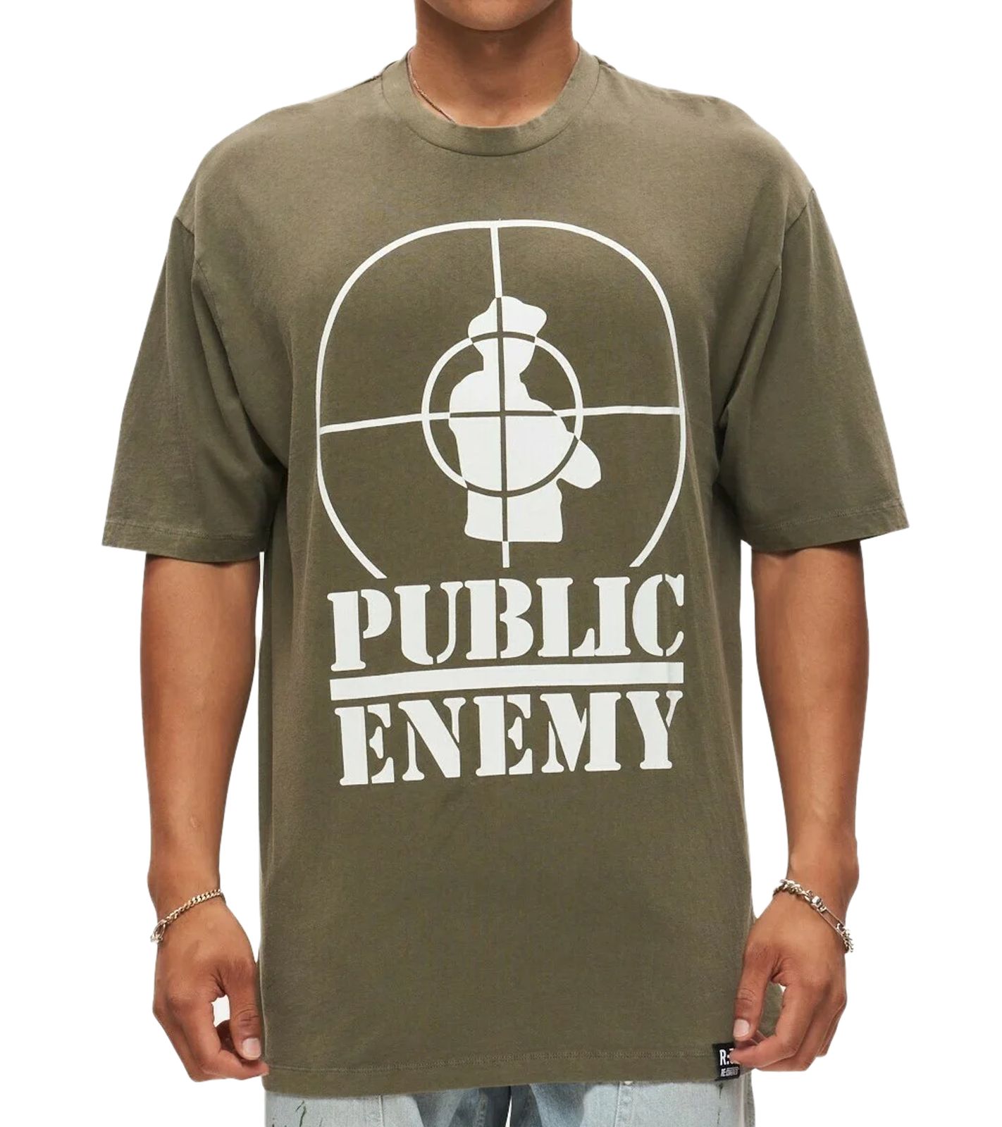RE:COVERED X PUBLIC ENEMY Herren T-Shirt Baumwoll-Shirt mit großem Print Rundhals-Shirt RCBVD3836 Khaki