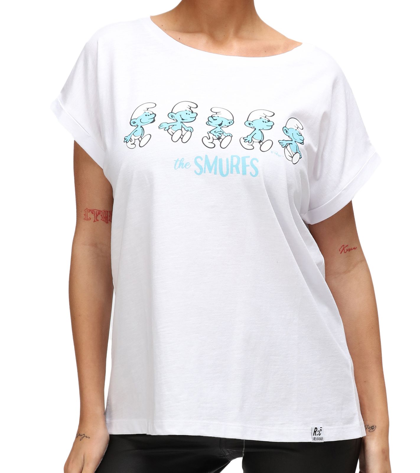RE:COVERED X Schlümpfe Damen T-Shirt mit Schlumpf Print Baumwoll-Shirt Boyfriend-Cut Rundhals-Shirt RCSMF116 Weiß