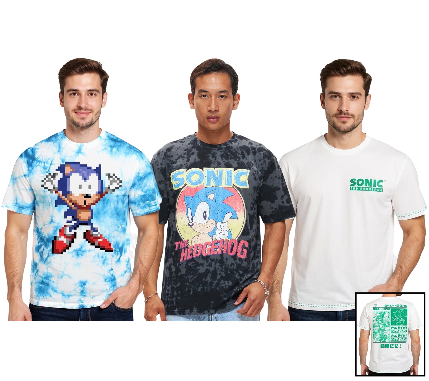 RE:COVERED X SEGA Herren T-Shirt mit Sonic-Print Baumwoll-Shirt Rundhals-Shirt RCSEGA55 in Blau/Weiß, Grau oder Ecru-Weiß