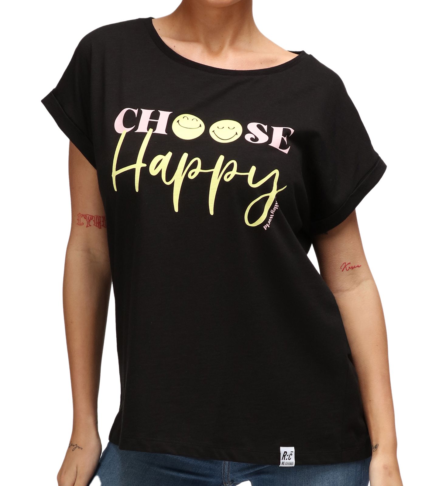RE:COVERED X Smileyworld Choose Happy Damen T-Shirt mit Smiley Print Baumwoll-Shirt Boyfriend-Cut Rundhals-Shirt RCSMLYWD459 Schwarz