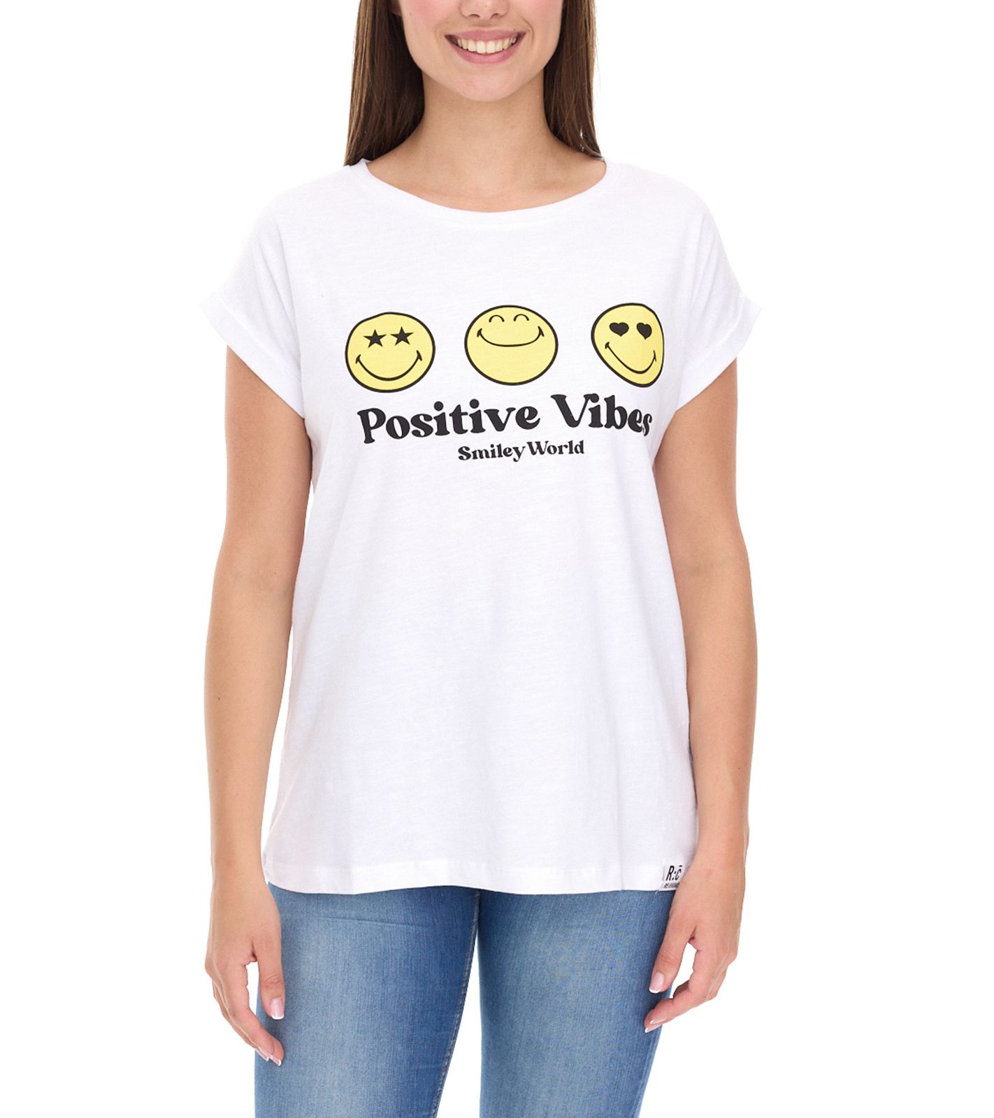 RE:COVERED X Smileyworld Damen T-Shirt mit farbigen Smileys Baumwoll-Shirt Rundhals-Shirt RCSMLYWD460 Weiß