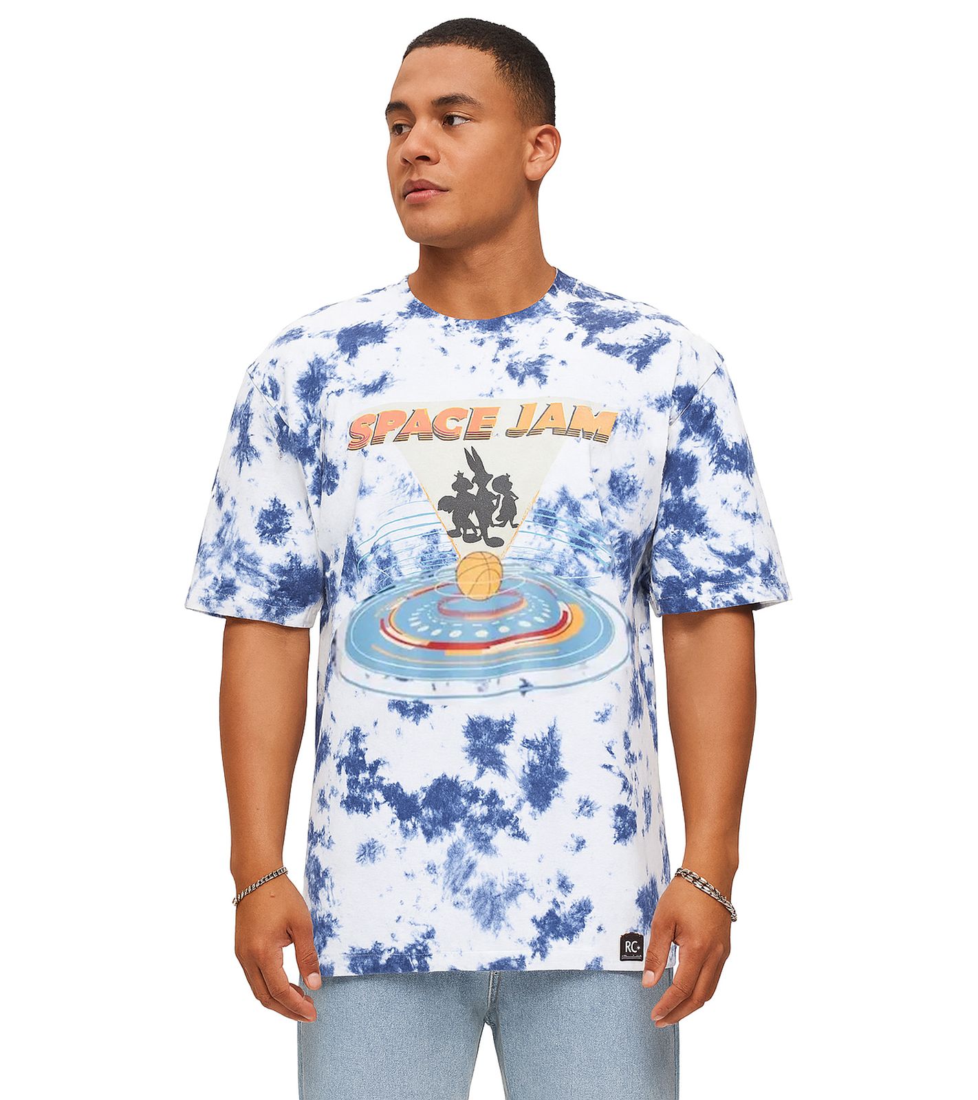 RE:COVERED X Space Jam Herren T-Shirt mit Front-Print im Batik Look Baumwoll-Shirt Rundhals-Shirt RCWARN751 Blau