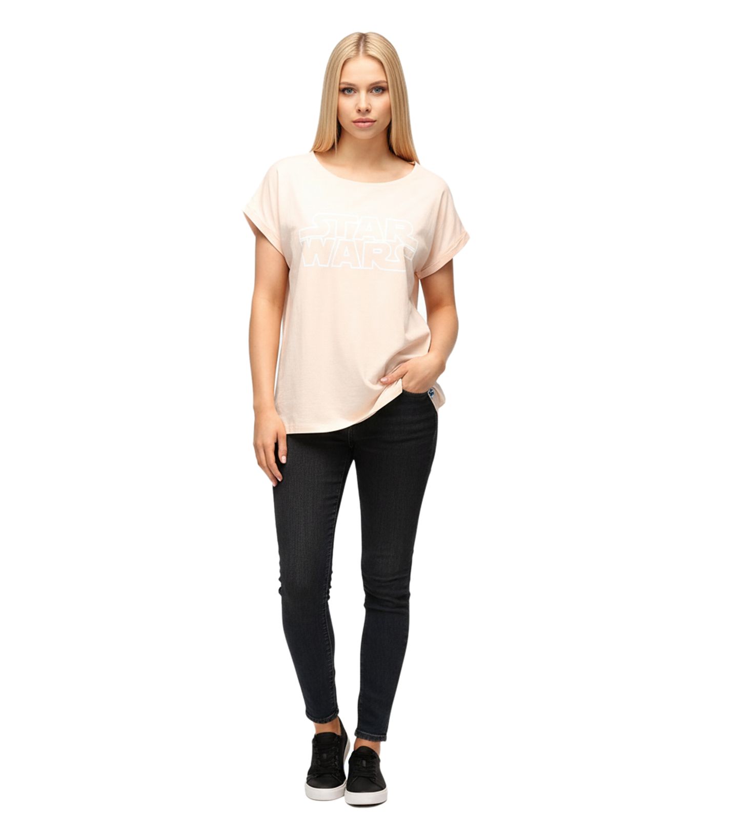 RE:COVERED X STAR WARS Damen T-Shirt mit Schriftzug Baumwoll-Shirt Rundhals-Shirt Boyfriend-Cut RCDIF2060 Rosa