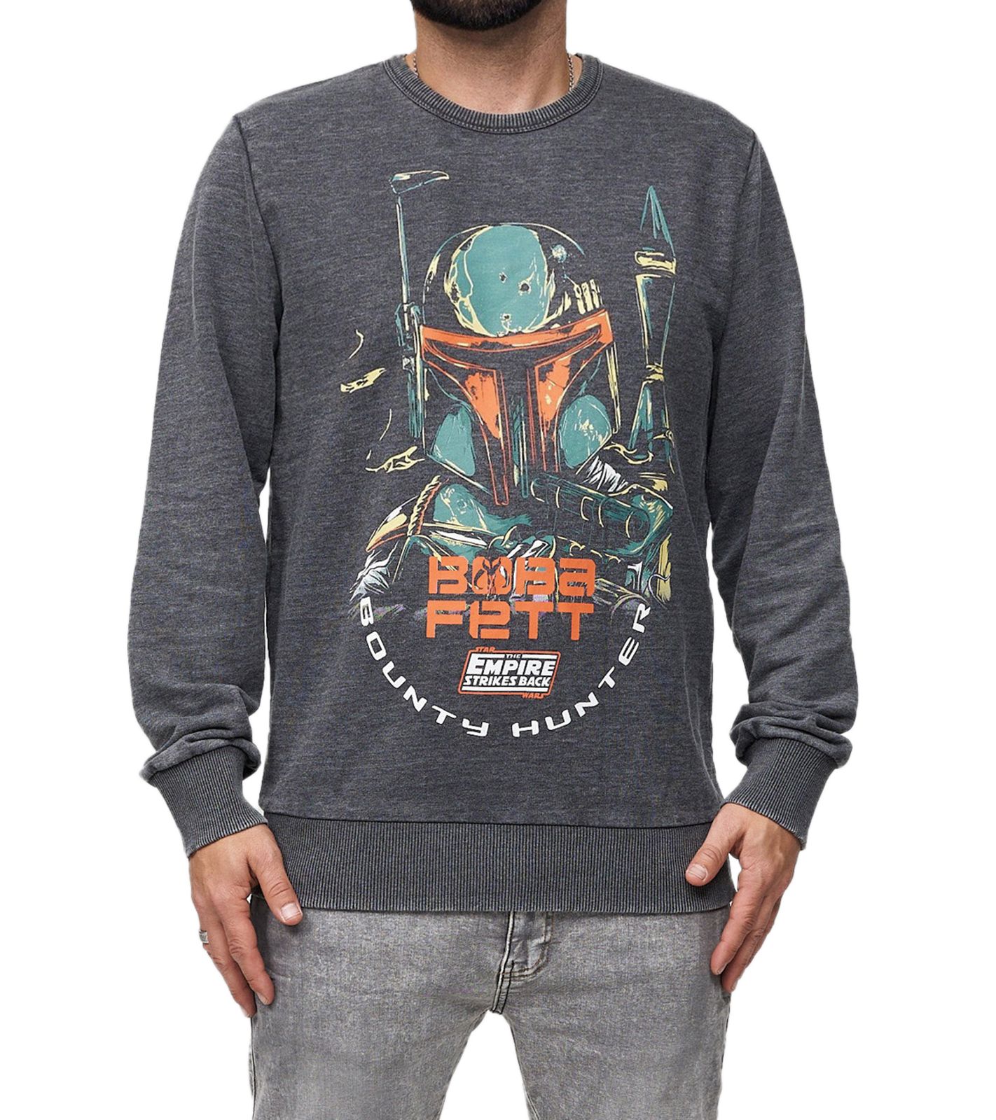 RE:COVERED X STAR WARS Herren Rundhals-Pullover mit Boba Fett Print Alltags-Sweater mit Baumwollanteil MMSTW2381 Grau