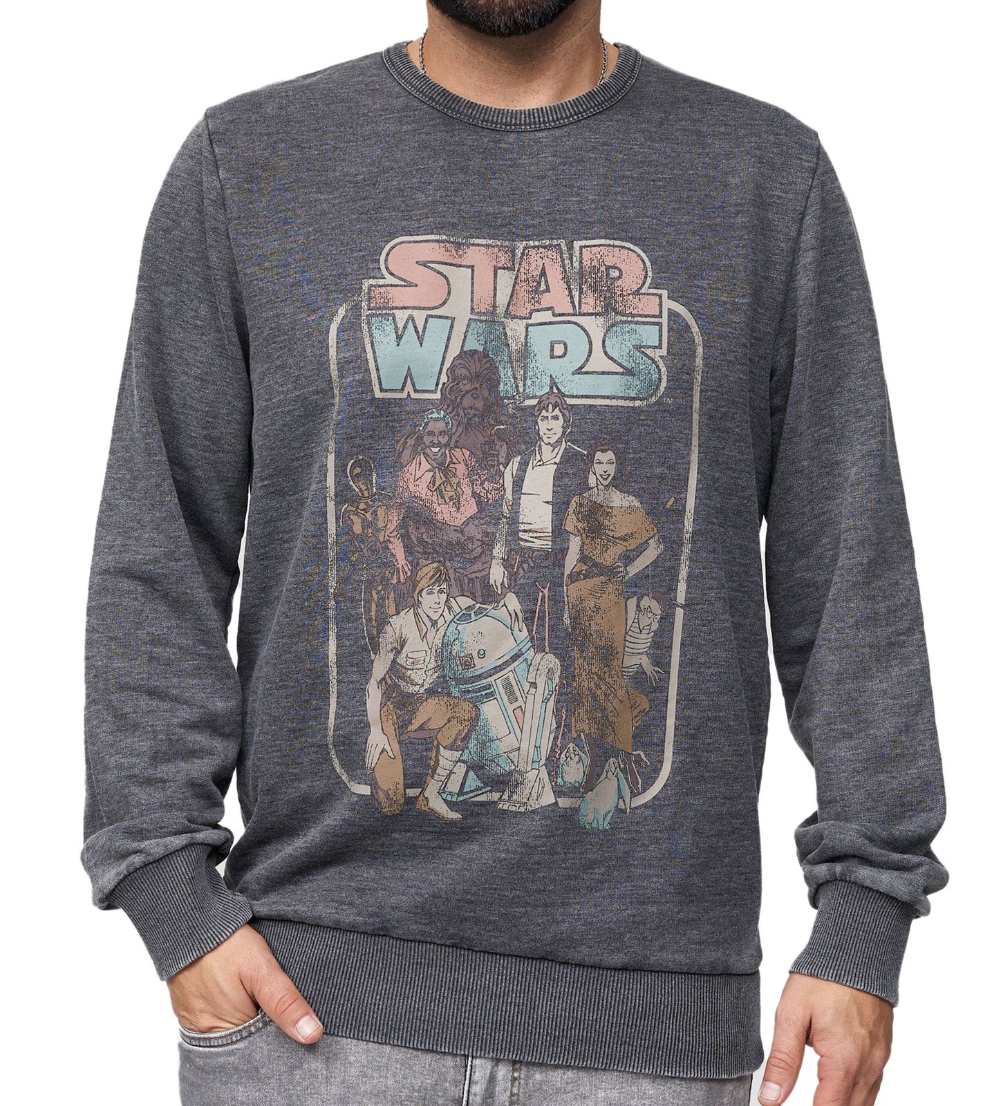 RE:COVERED X STAR WARS Herren Rundhals-Pullover Rückkehr der Jedi Ritter Print Alltags-Sweater mit Baumwollanteil MMSTW2330 Grau