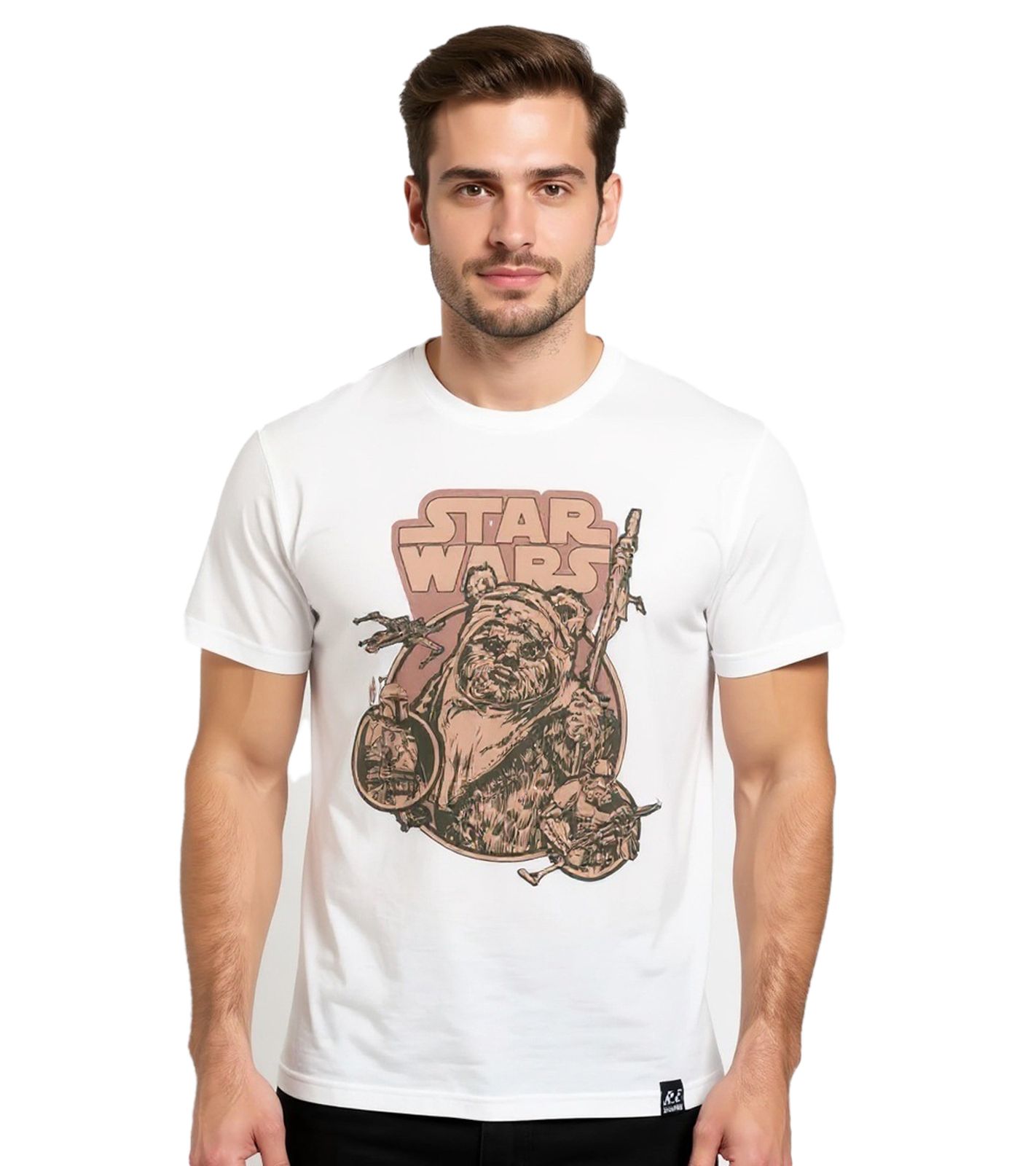 RE:COVERED X STAR WARS Herren T-Shirt mit Ewok Print Baumwoll-Shirt Kurzarm-Shirt RCDIF2044 Ecru-Weiß